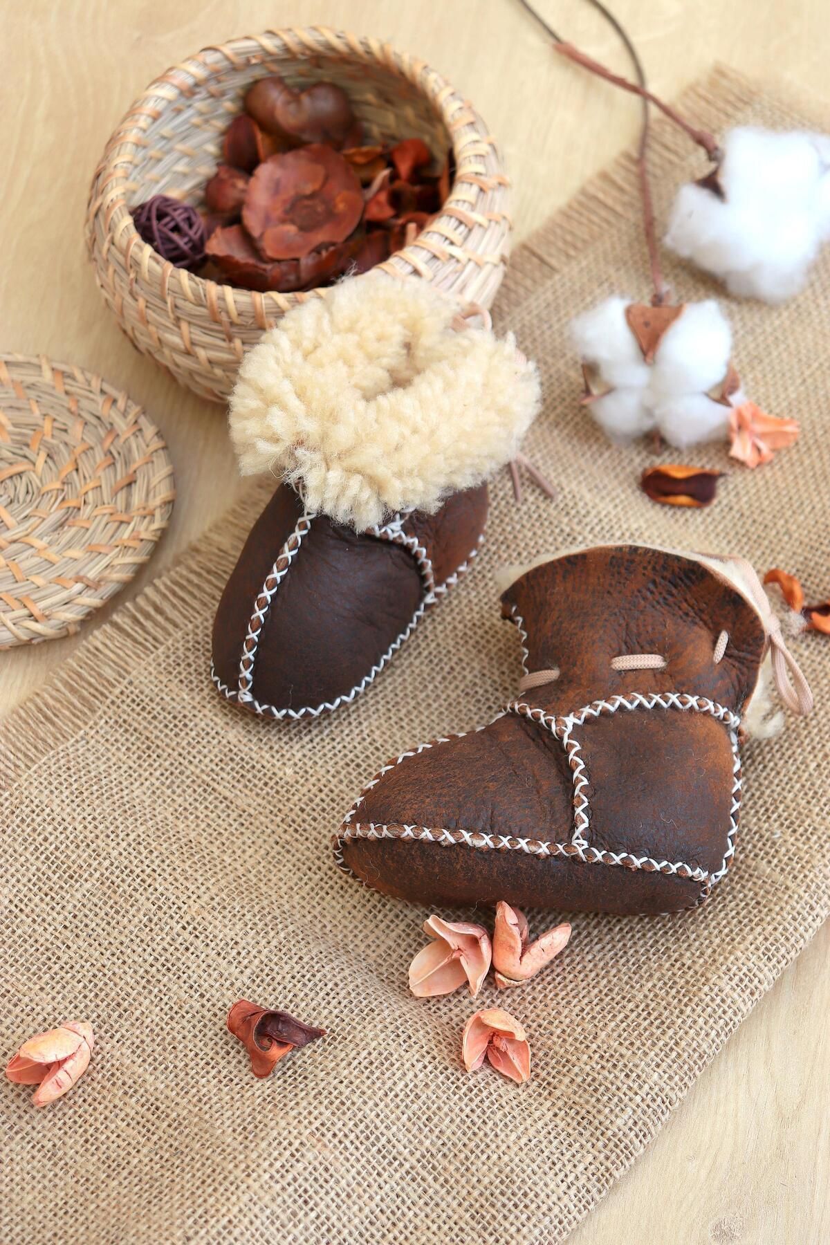 Sitilin-Organic Suede Leather Unisex Baby Booties Natural Baby Booties with Wool Inside Stl5222 5