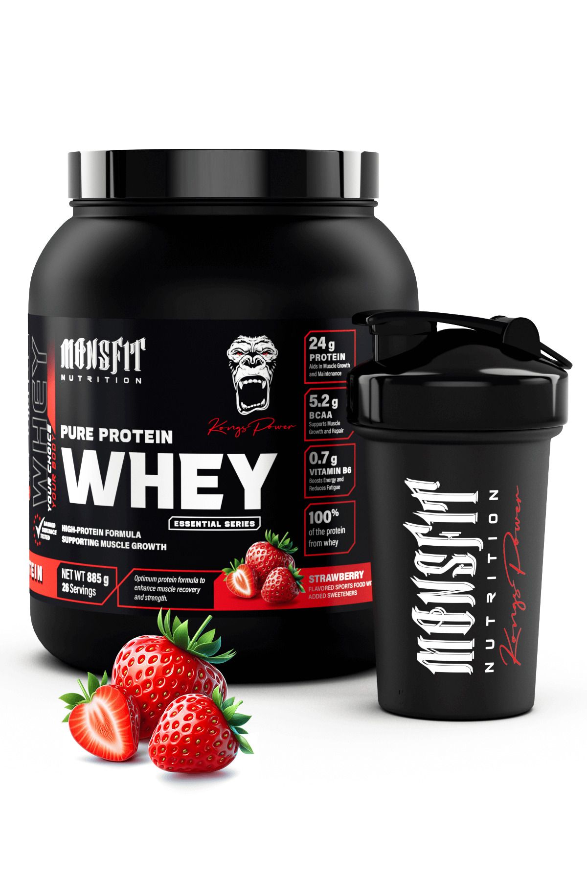 MONSFİT Whey Protein 885 G (26 SERVİS) - Kas Yapılanmasına Yardımcı (ÇİLEK AROMALI)