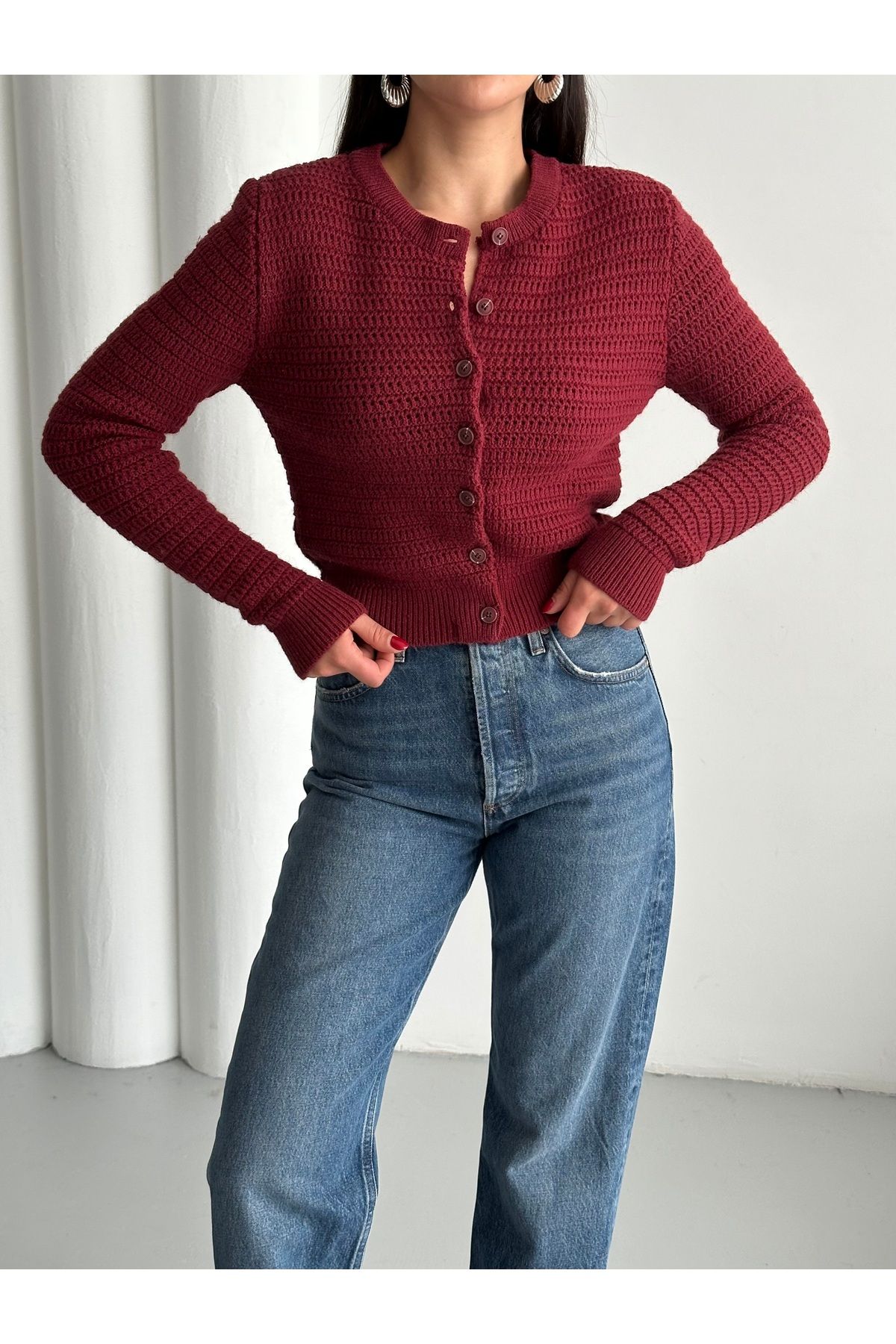 Laluvia-Burgundy Crew Neck Knitted Basic Cardigan-00279 7