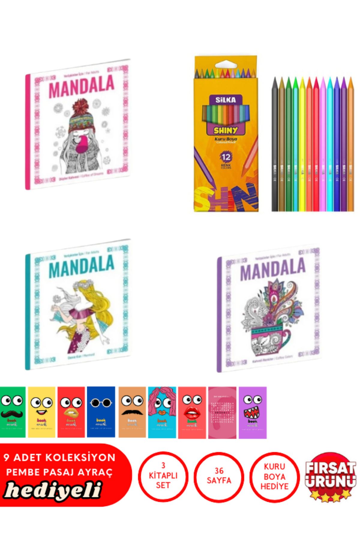 Pembe Pasaj Mandala Kitap Seti 3'lü Mandala 12 Renkli Kuru Boya | Yetişkinler Için Stres Önleyici Set