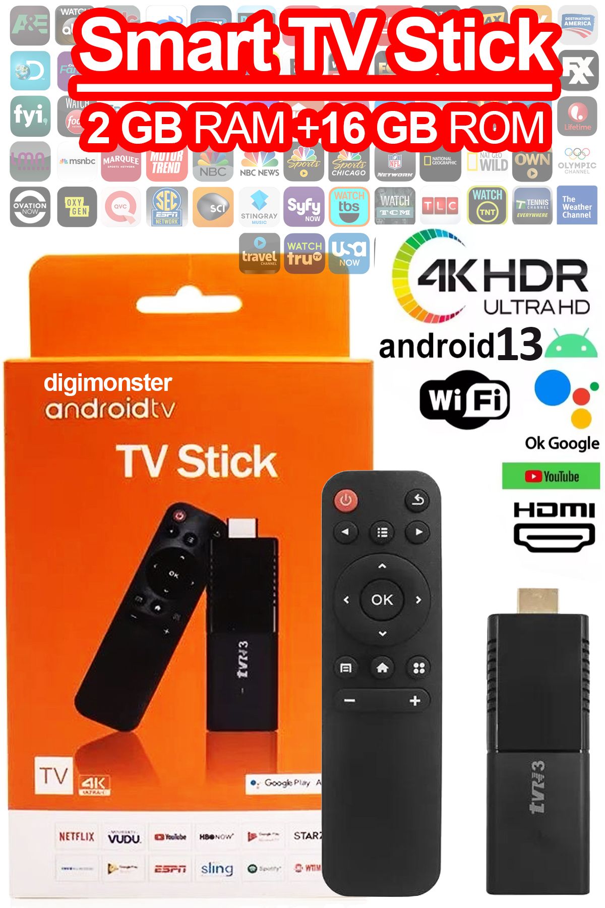 DigiMonster Android TV Stick 4K Android 13 Sürümü HDMI Android Tvbox Wifi 2.4/5g 2Gb Ram 16GB Hafıza