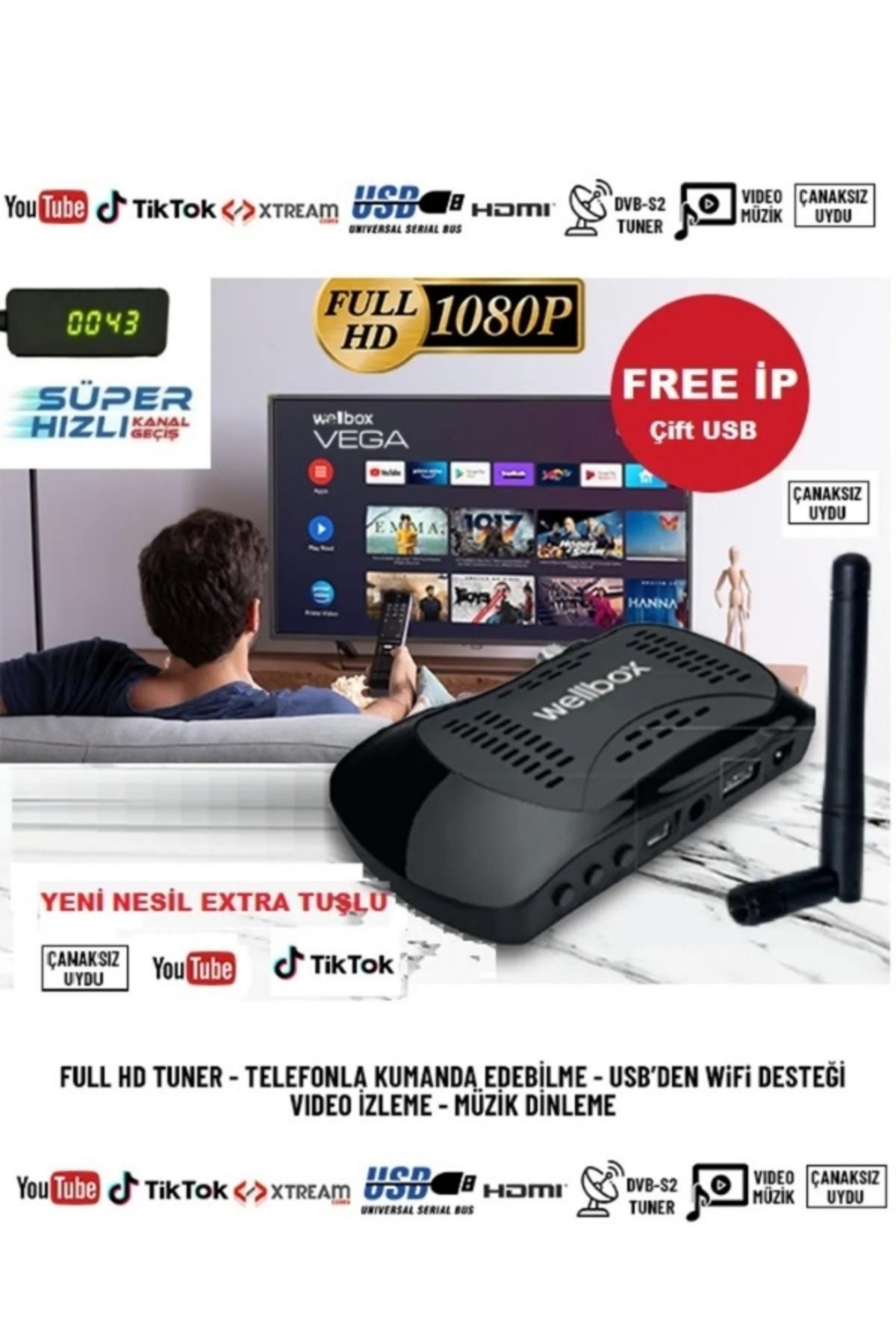 wellbox Wega Wifi Anten Dahil Çanaklı Çanaksız 2024 Model Full Hd Uydu Alıcı Free Ip Tiktok Youtube