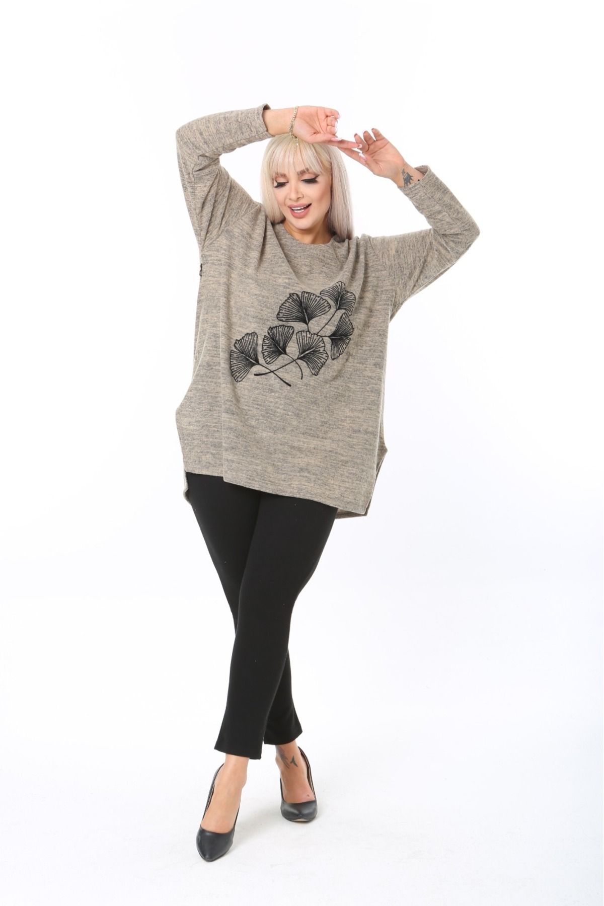 tıgersıze-Plus Size Women's Soft Flock Printed Soft Fabric Sweater 2