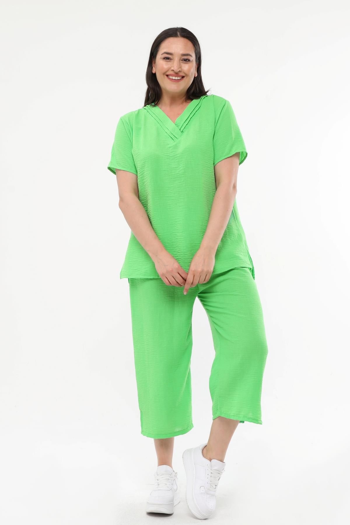 Ebsumu Costum De Damă Plus Size Din In, Verde Capri Femeie - L