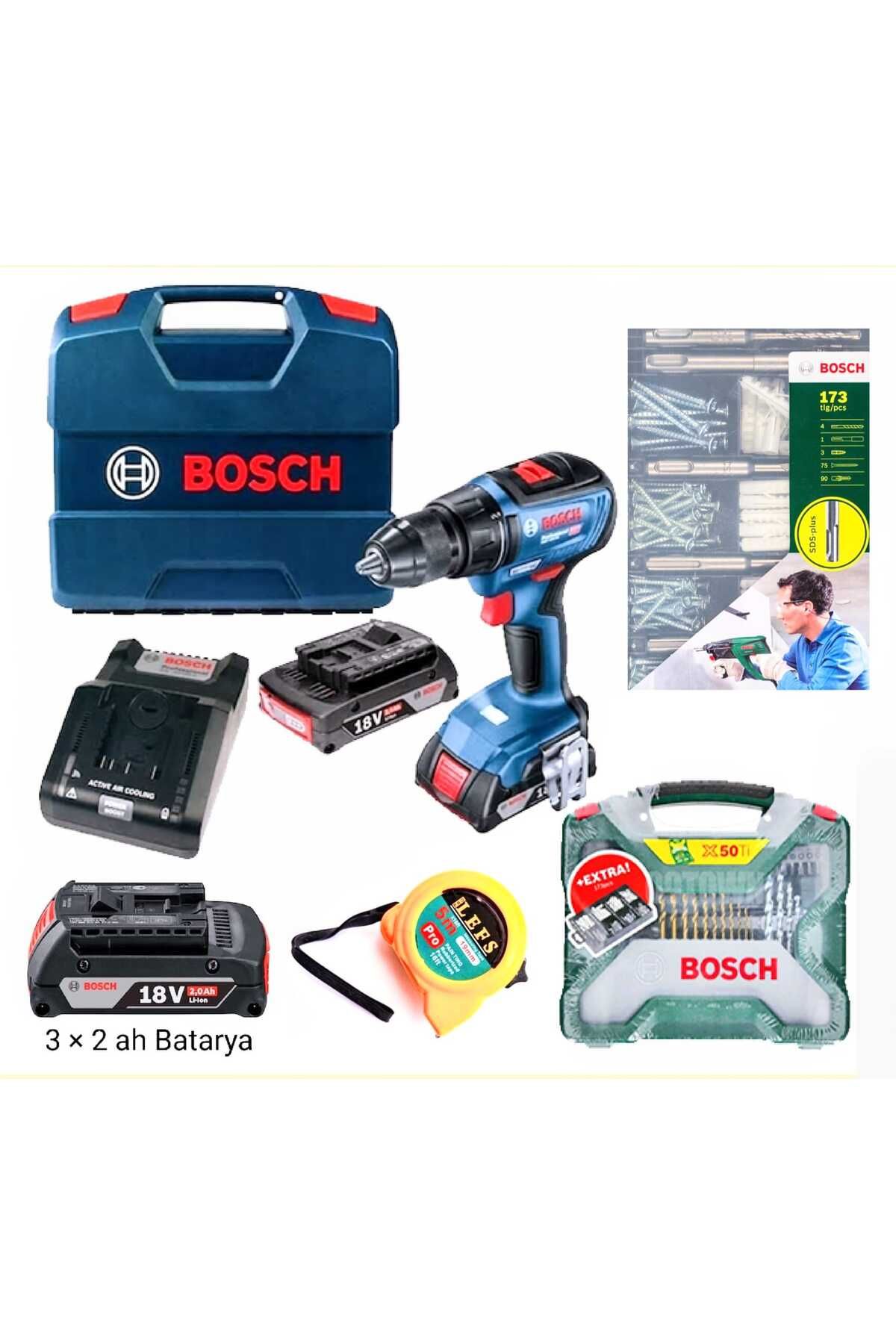 Bosch Gsb 18 V 50 Darbeli Şarjlı Matkap Vidalama 3 × 2 Ah Batarya ve Bosch 224 Parça Aksesuar Seti