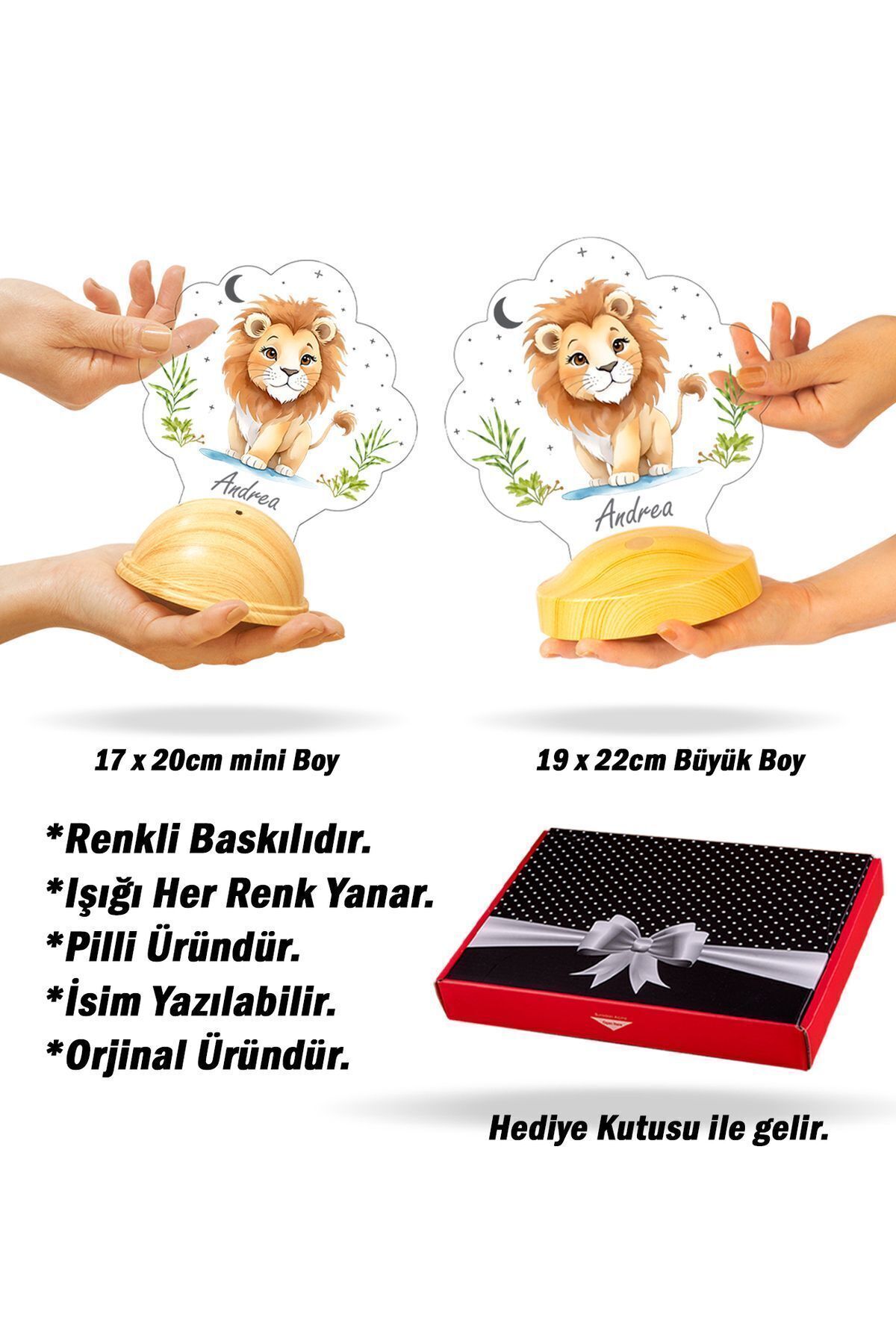 SEVGİLAMBASI Sevimli Aslan Tasarımlı İsimli Çocuk Odası Gece Lambası, Aslan Bebek Doğum Günü Hediyesi Led Lamba fotoğrafı 7 (önizleme)