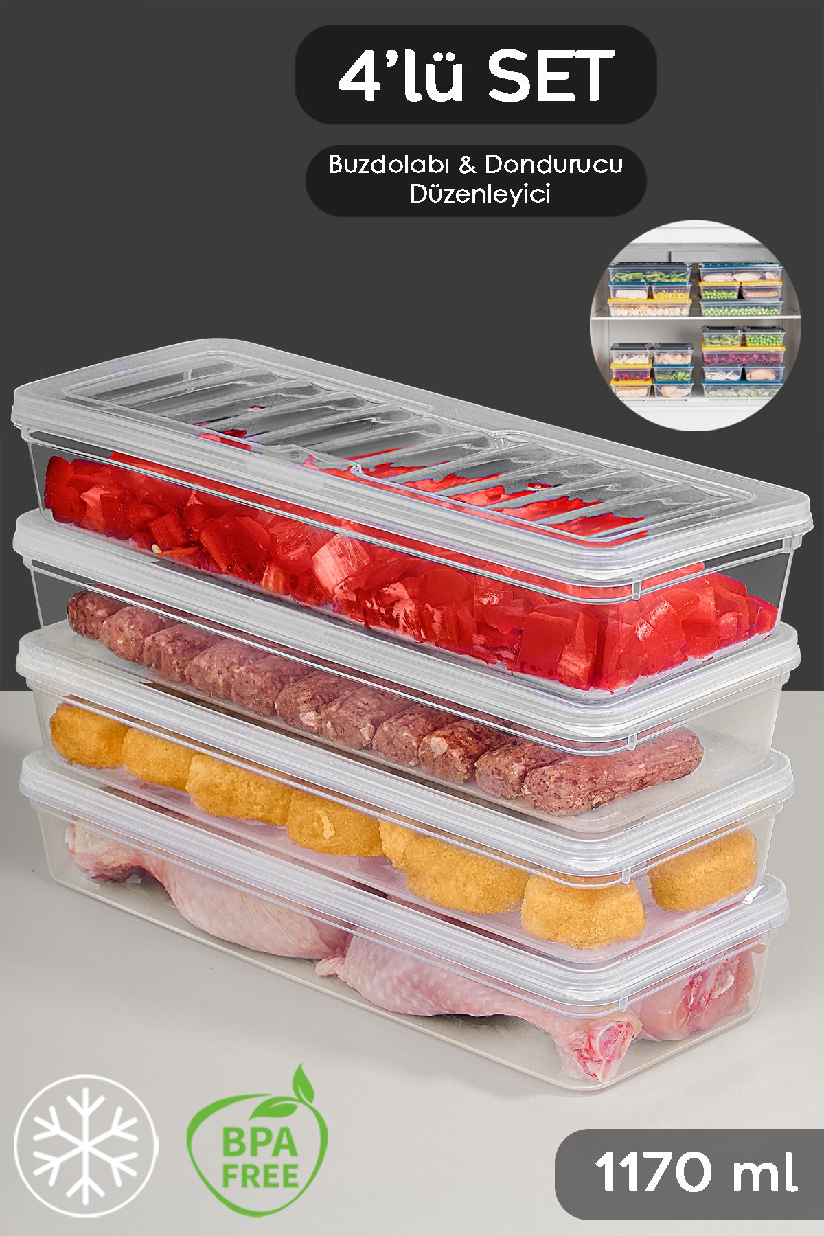 Meleni Home-Microwave-Compatible Storage Container with 4 Clear Lids - Organizer Food Supply Container 4X1170Ml 1