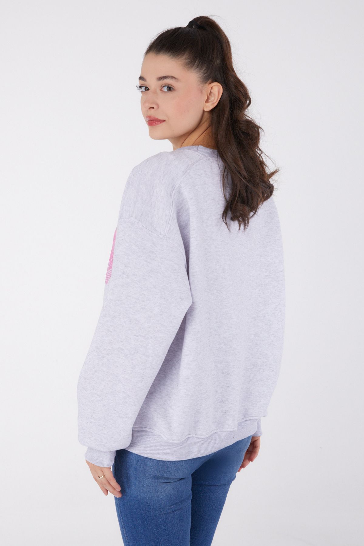 TOFİSA-Plain Crew Neck Women's Gray Printed Sweatshirt - 26473 5