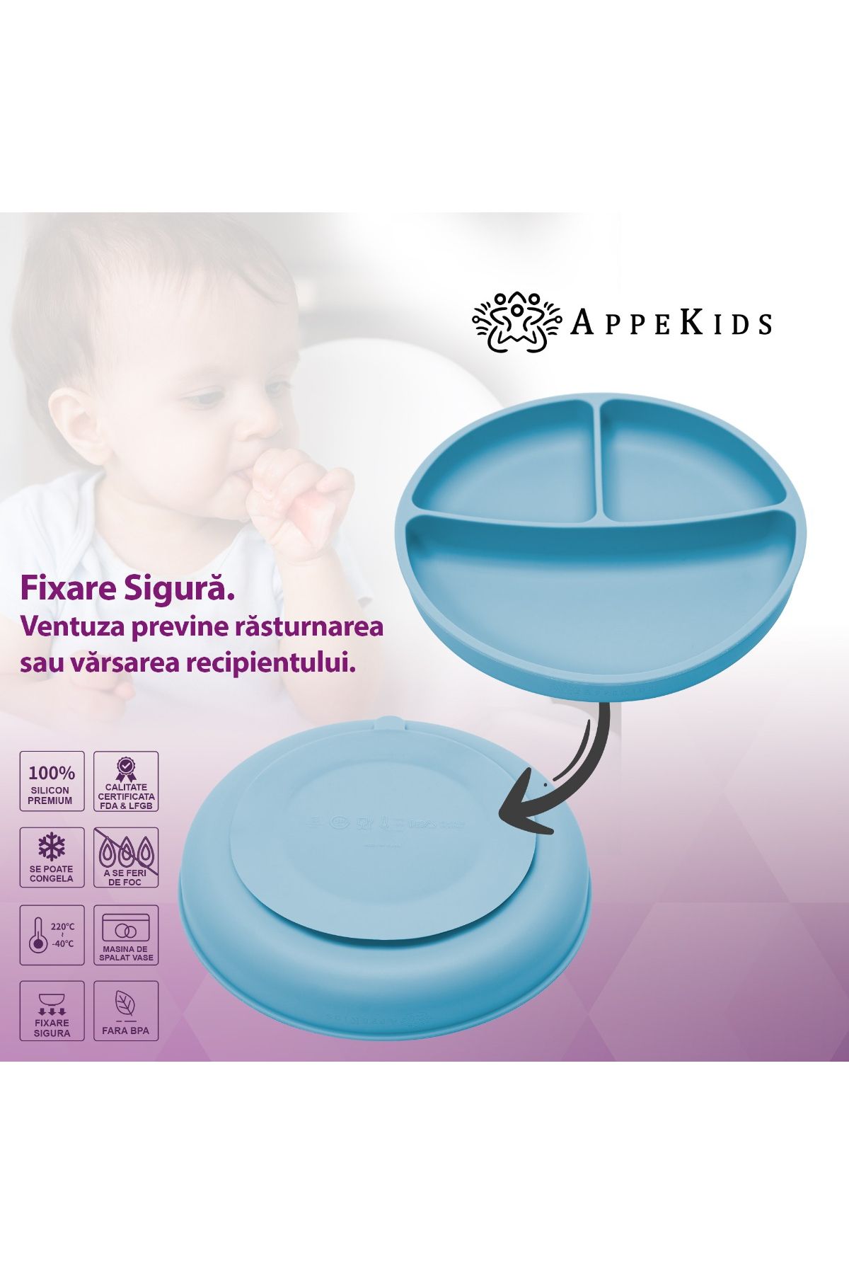 APPEKIDS-Farfurie compartimentata din silicon cu ventuza, AppeKids - Aqua Blue 3