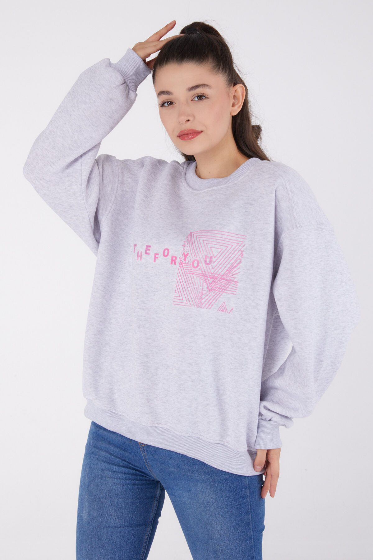 TOFİSA-Plain Crew Neck Women's Gray Printed Sweatshirt - 26473 2