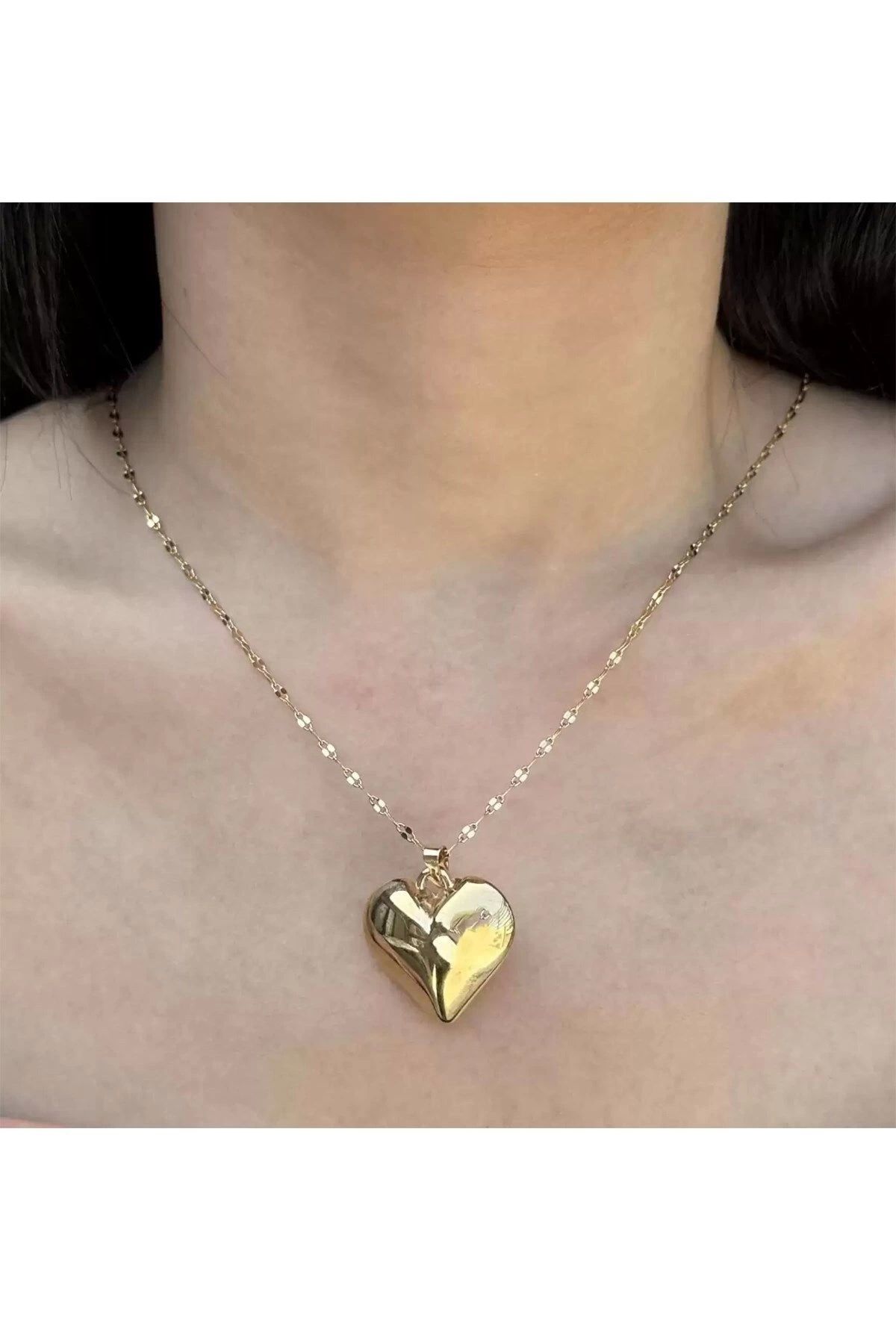 JEWELRY Altın Renk Singapur Zincir Büyük Kalp Model Vip Solmaz Kararmaz Çelik Kolye - 3058