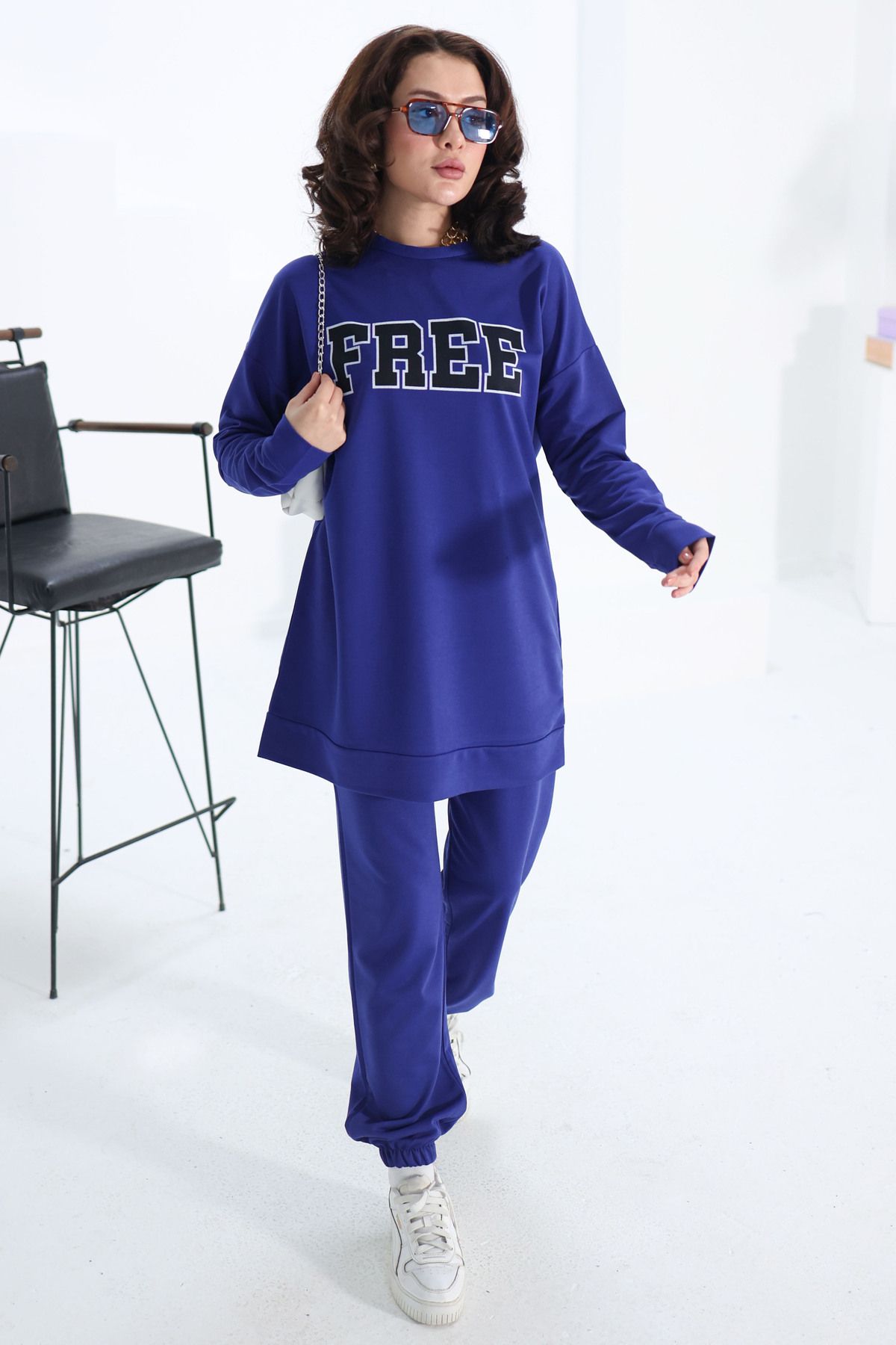 TOFİSA-Straight Crew Neck Women's Saks Printed Tracksuit Set - 13354 3