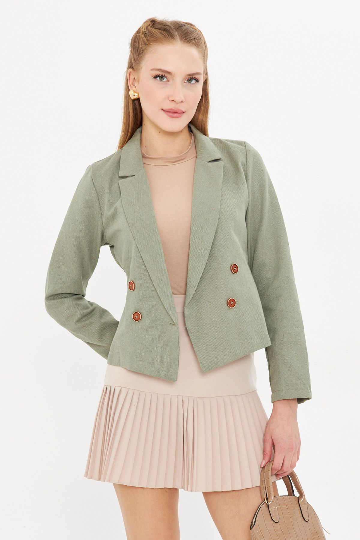 armonika-Women's Khaki Double Breasted Collar Gabardine Crop Jacket ARM-24Y001010 1