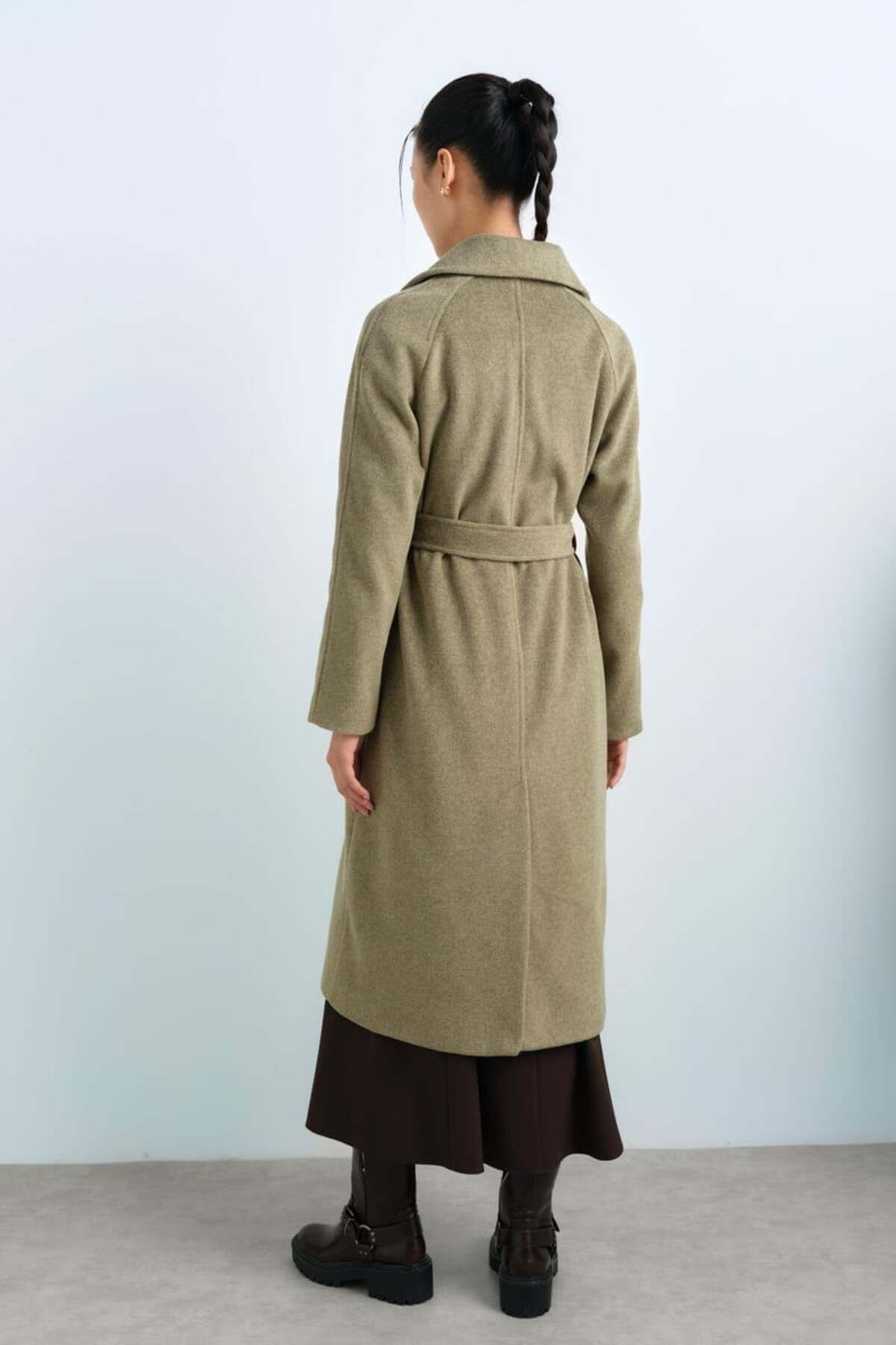 Nihan-Double Breasted Closure Belted Coat - Khaki 5