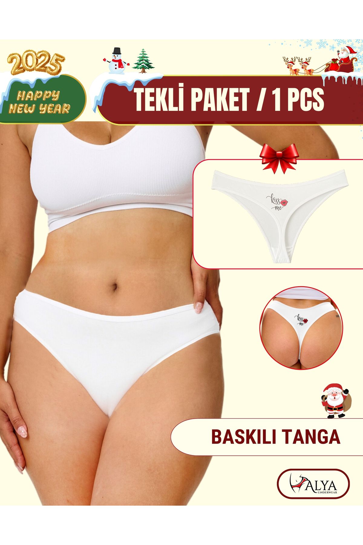 ALYA UNDERWEAR-New Year Themed Printed String, White Thong Panties (Kiss Me Printed) Single Pack 1