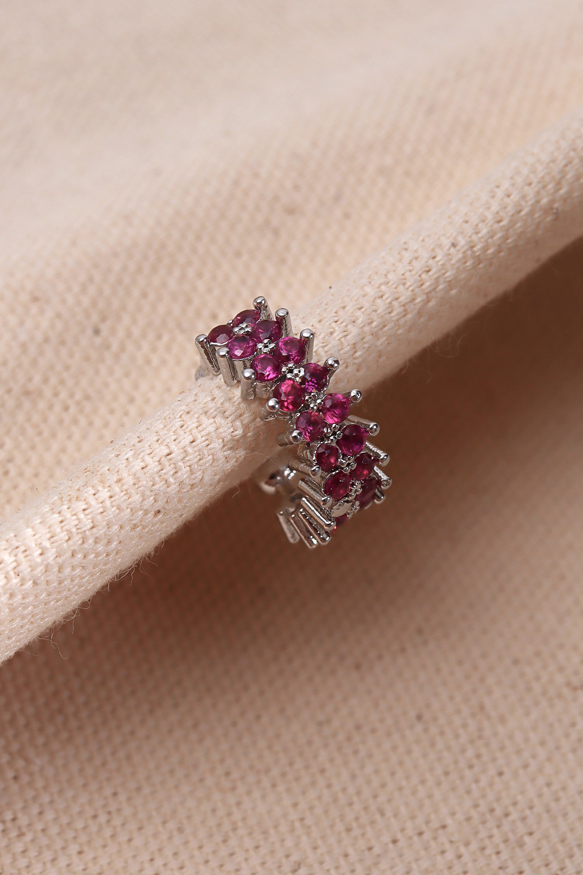 Single Compression Silver Cartilage Earrings with Two Row Pink Gemstone