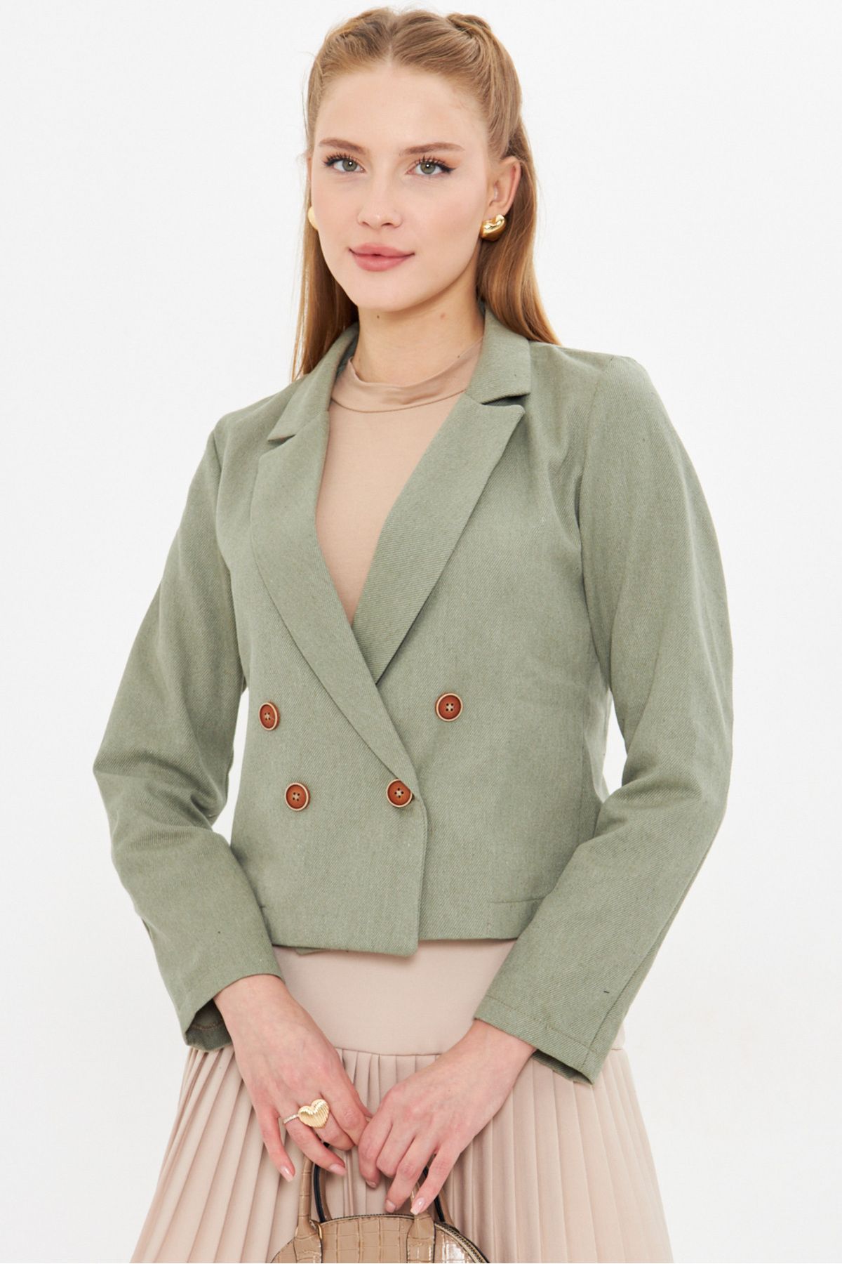 armonika-Women's Khaki Double Breasted Collar Gabardine Crop Jacket ARM-24Y001010 3