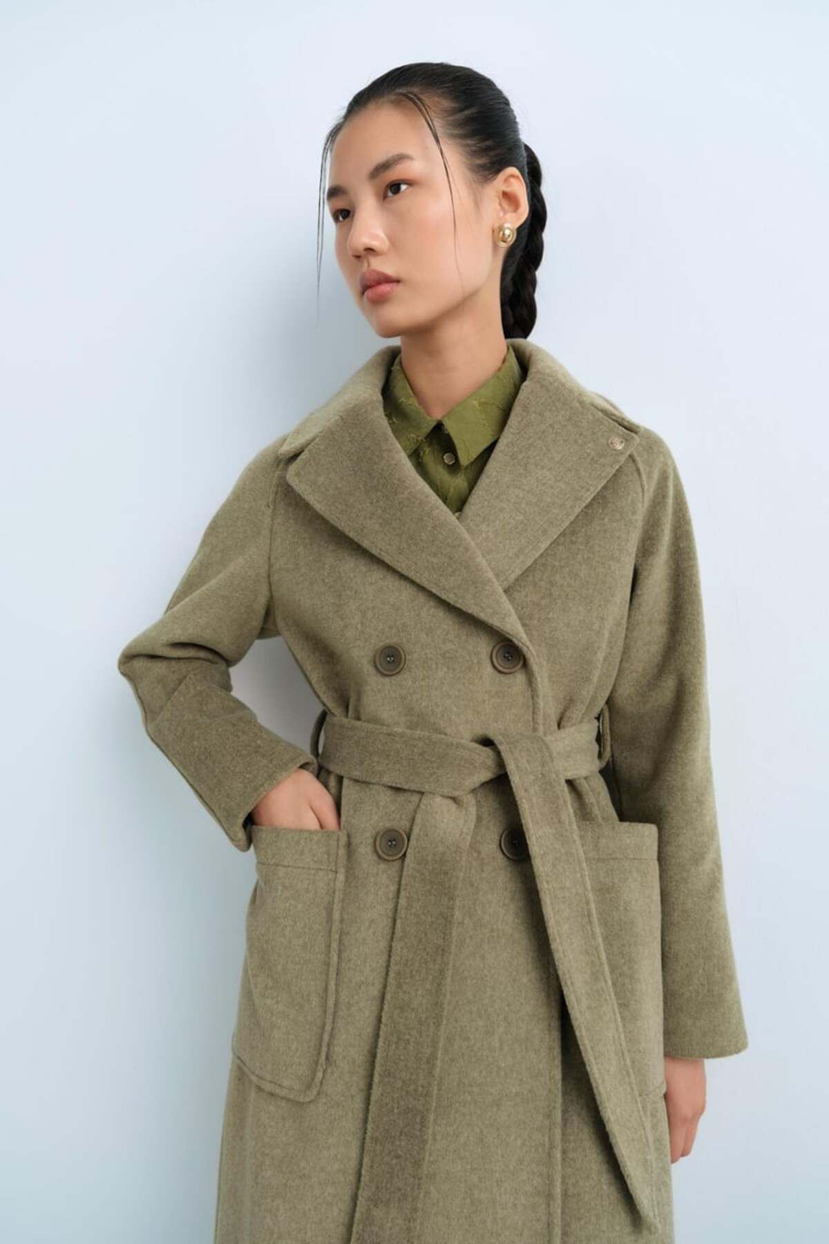 Nihan-Double Breasted Closure Belted Coat - Khaki 4