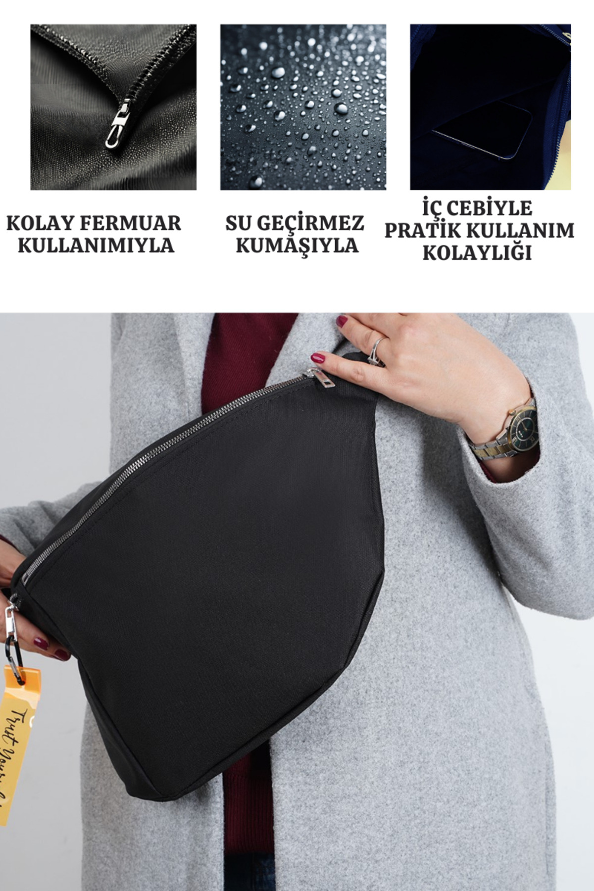 Nts Siyah Modern Günlük Su İtici Büyük Boy Çapraz Ayarlanabilir Askılı Body Bag Bel Ve Omuz Çantası görsel 5