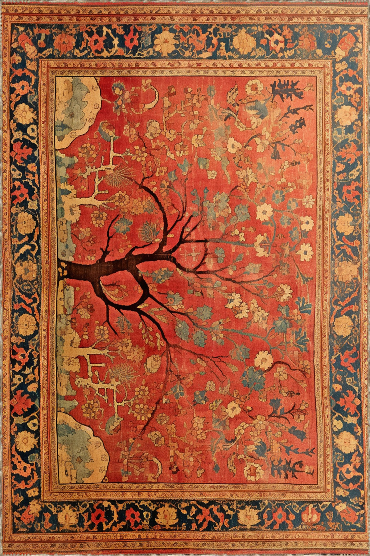 Dido 2 Collection Red Themed Autumn Tree Leaf Patterned Fringed Vintage Decorative Rug 3258