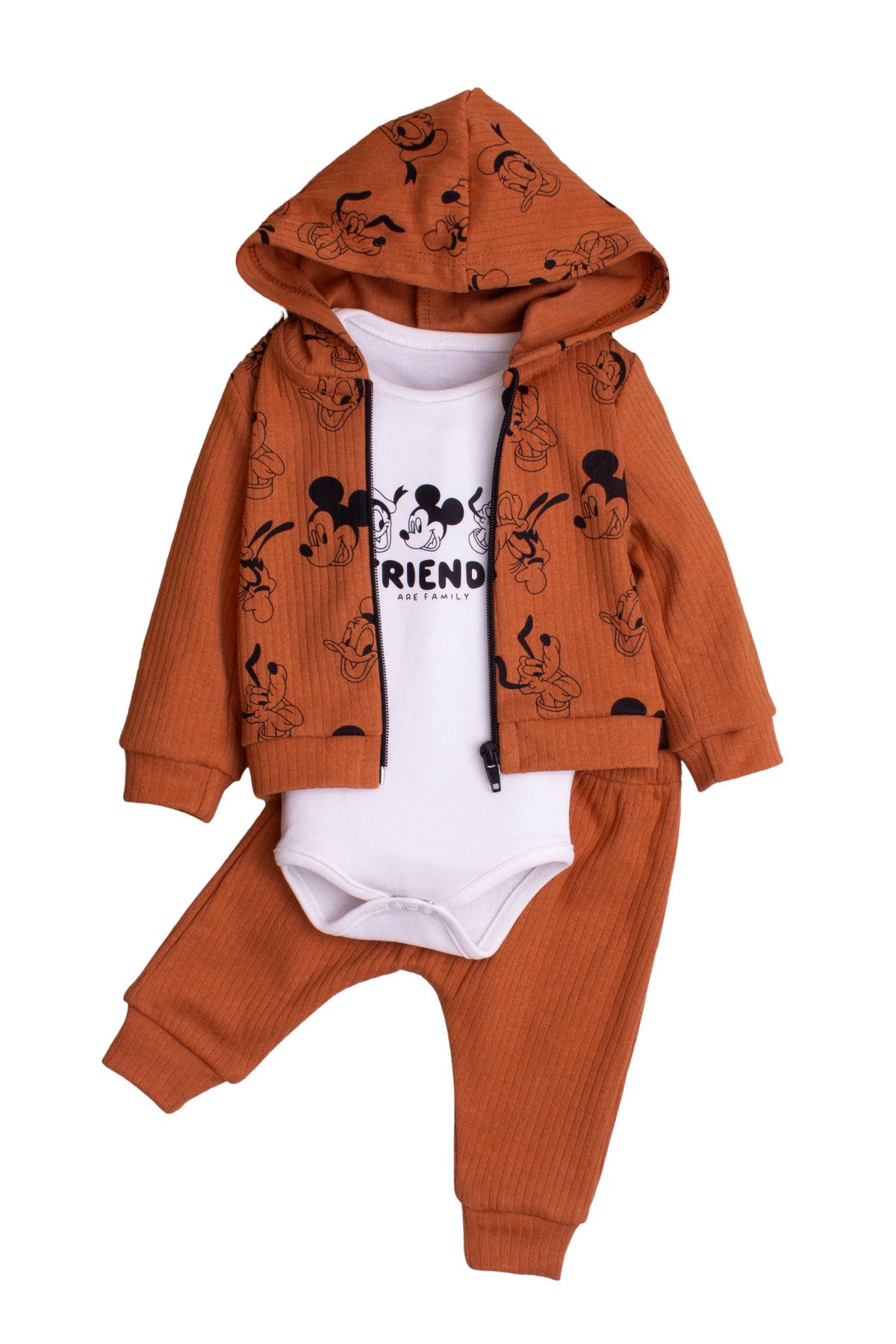 Bulut Baby-Mickey Mause Patterned Hooded Corded Baby Cotton Set - Bodysuit Unisex Set of 3 1