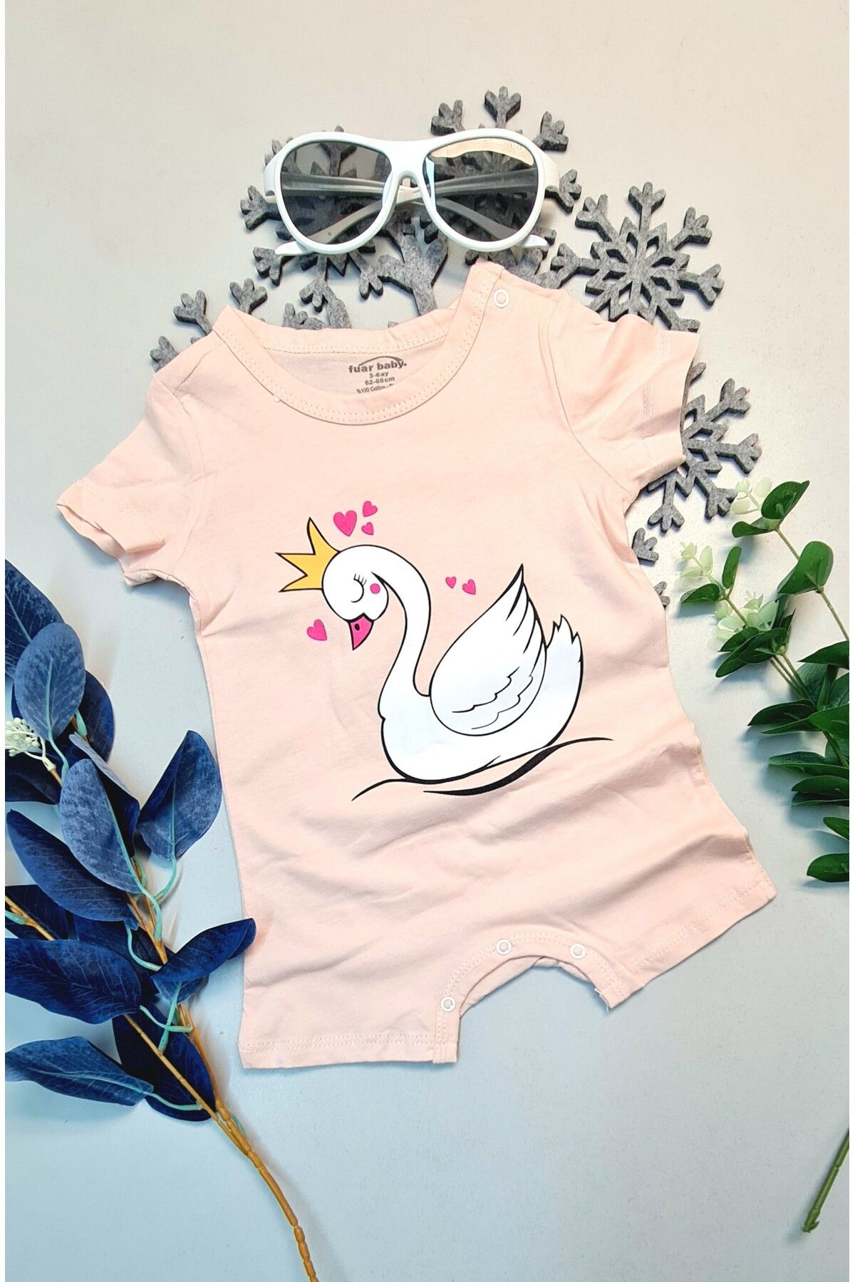 Easy Tedarik Bebek Yazlık Kısa Kol Şort Tek Parça Çıtçıtlı Tulum Zıbın %100 Pamuk Pembe Kuğu
