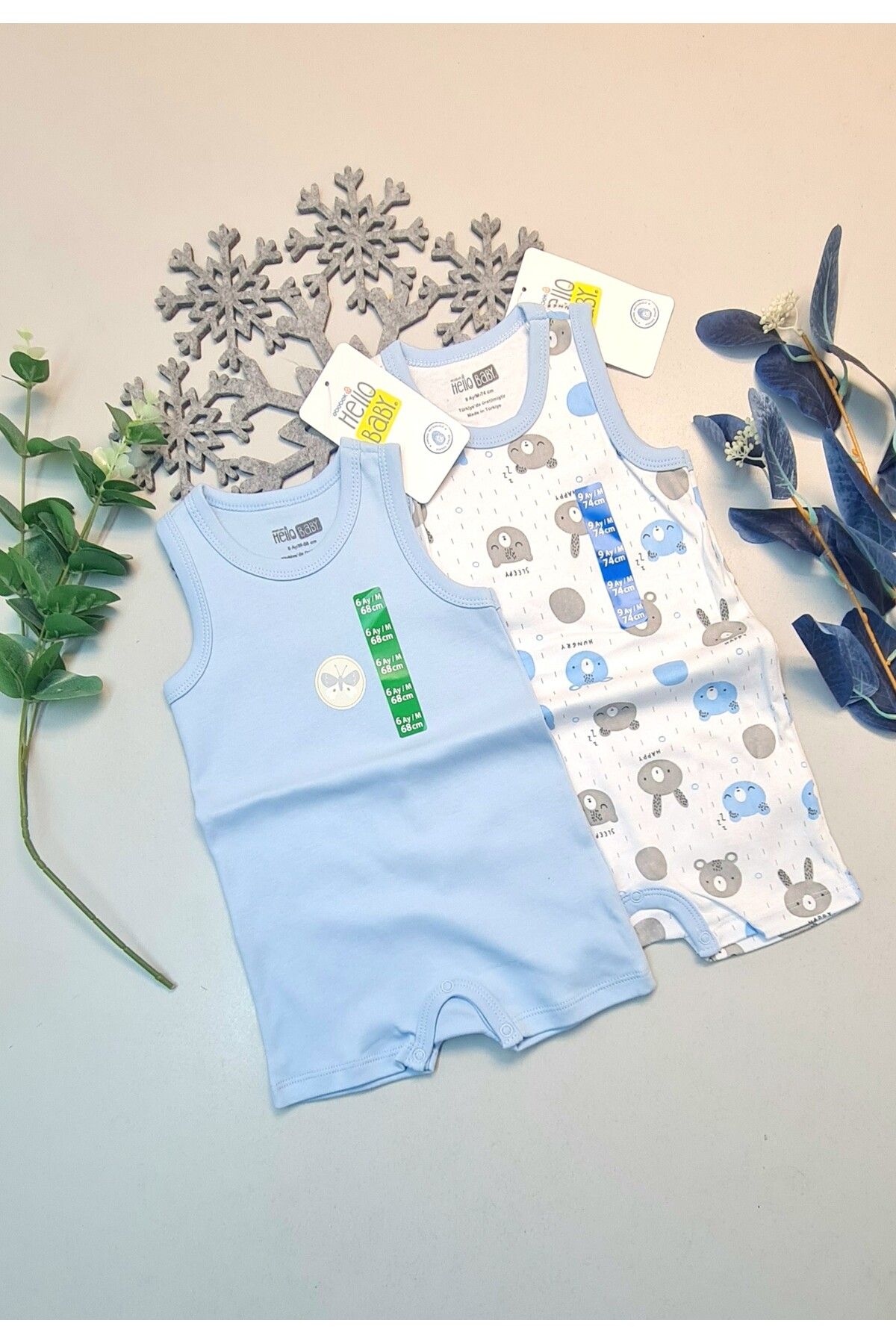 Easy Tedarik Erkek Bebek Mavi Hello Baby Yazlık Kolsuz Çıtçtıtlı Body Tulum 2 Adet