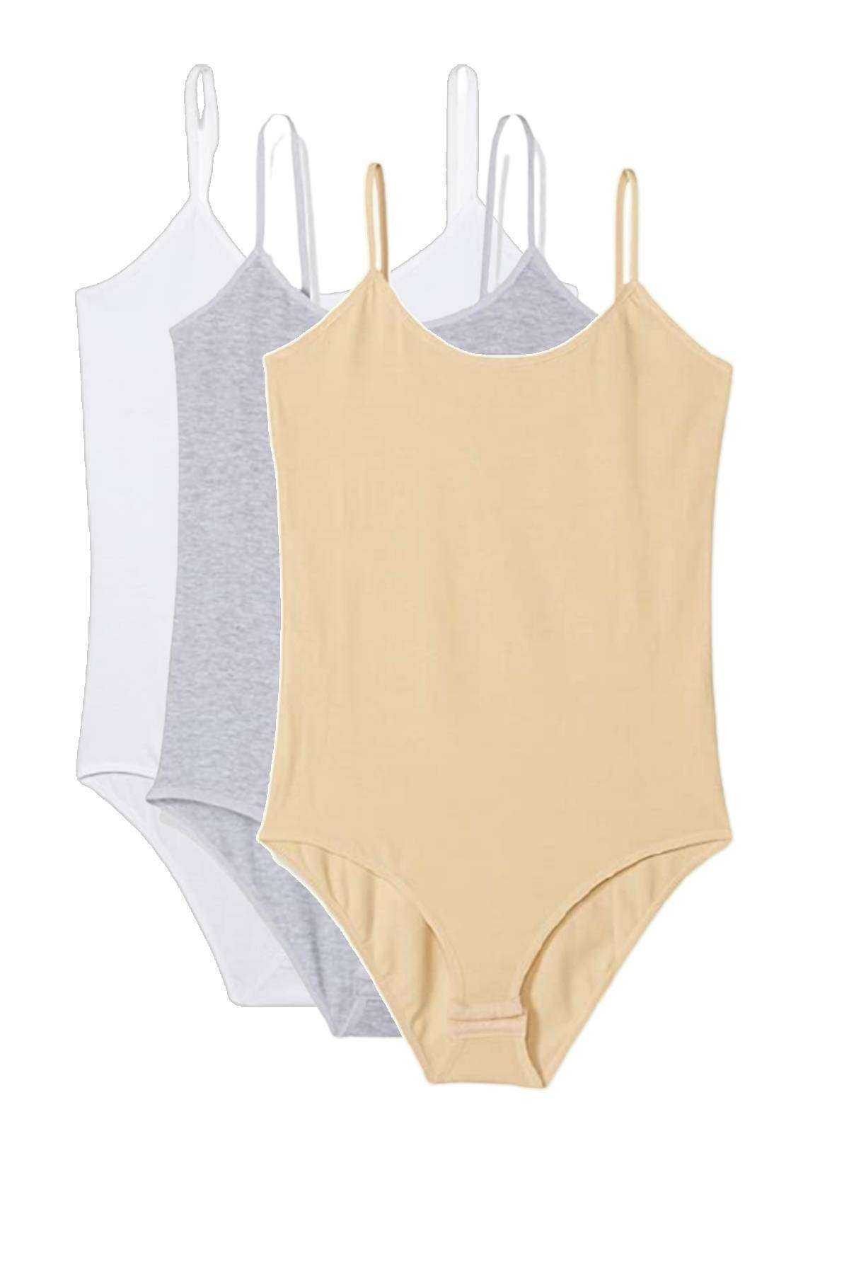 Easy Tedarik 3 Adet İp Askılı Kadın Çıtçıtlı Body Beyaz Gri Ten