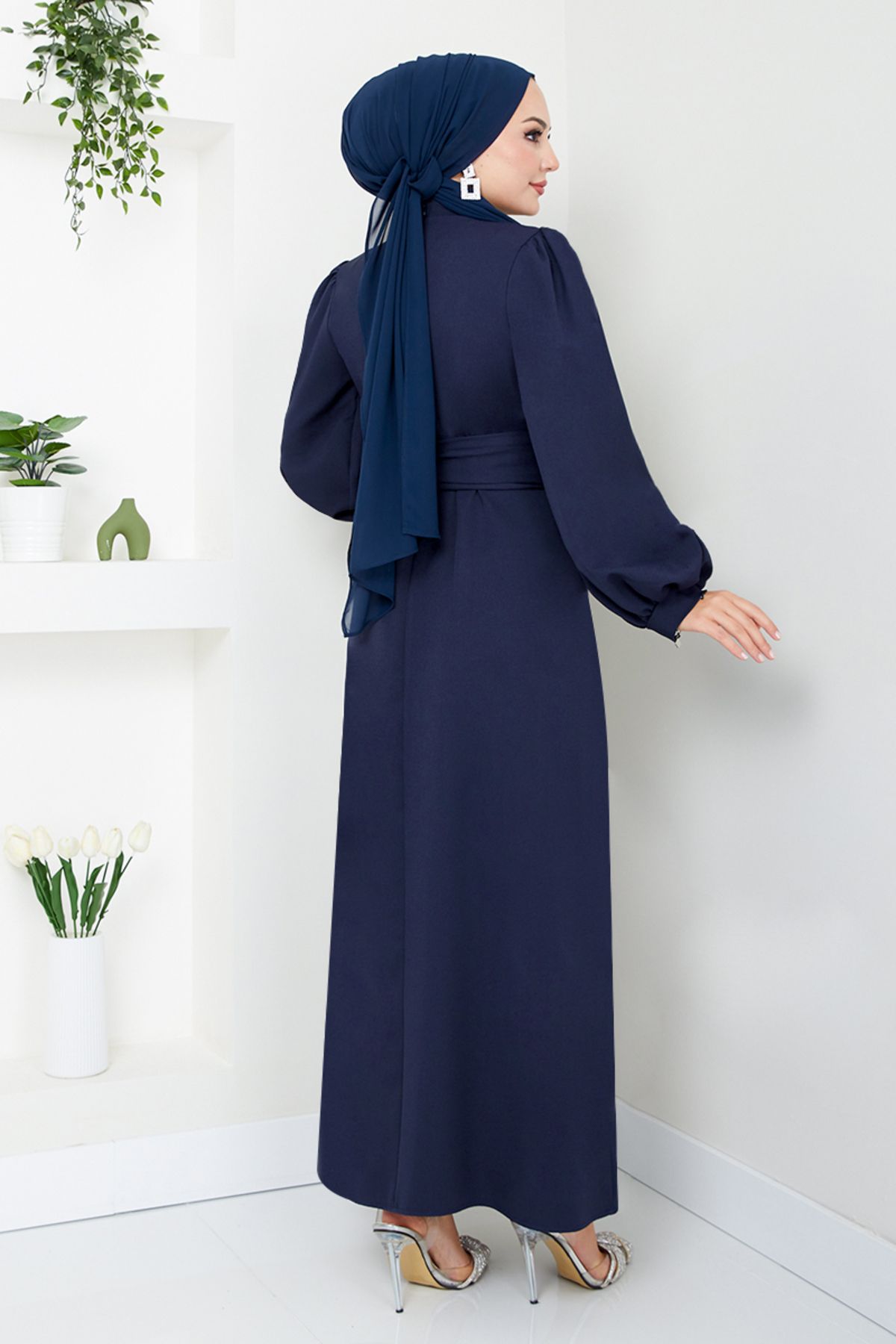 ModaMerve-Hijab Evening Dress Balloon Sleeves - 5527End900-M Navy 6