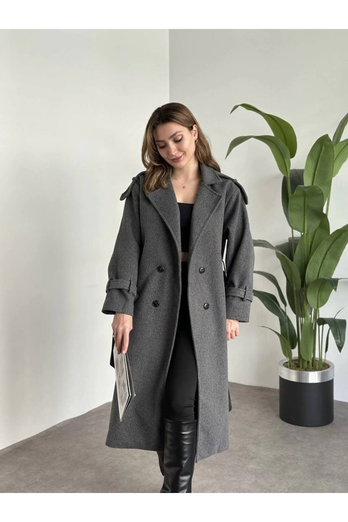 ARL MODA KADIN KIŞLIK BELDEN KUŞAKLI KAŞE KABAN görsel 2