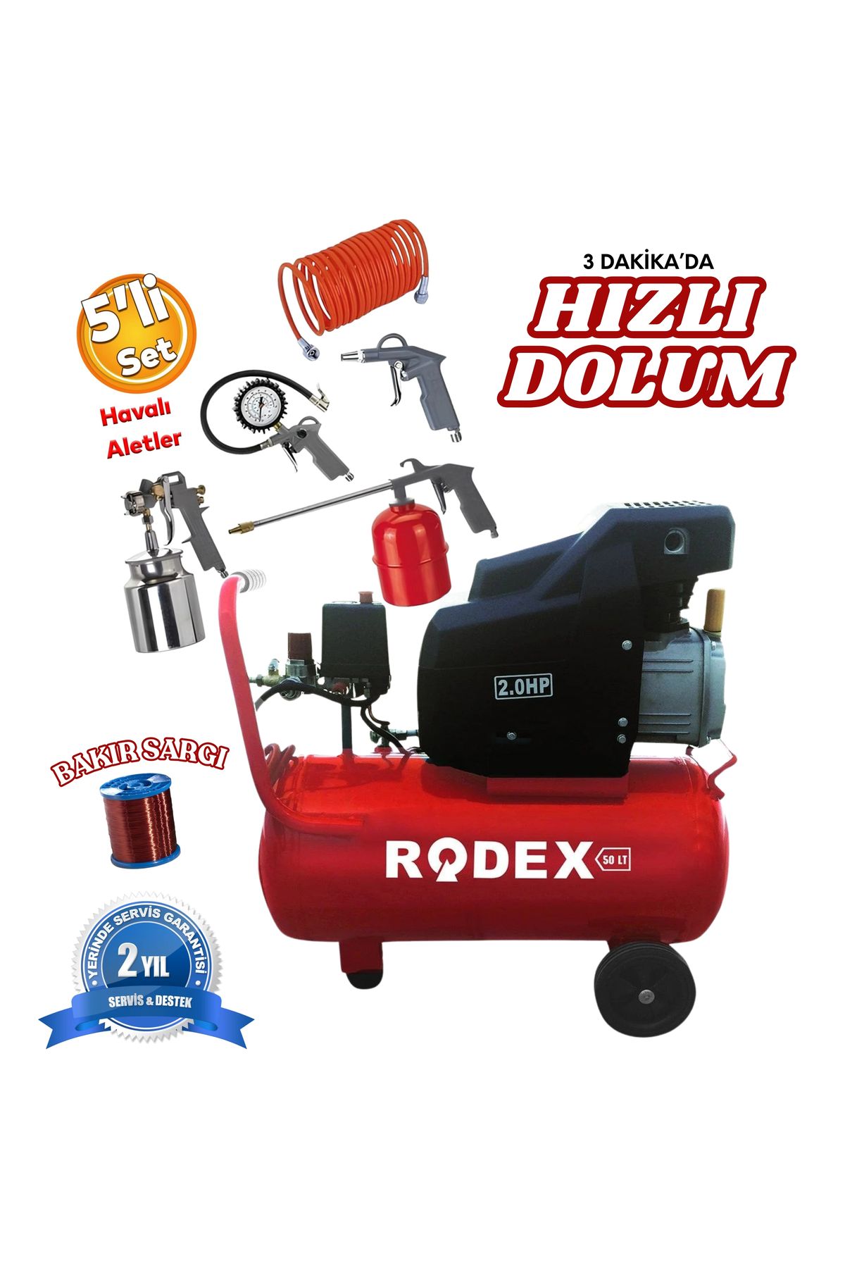 Rodex 50lt Hava Kompresörü Yağlı Rdx750 5 Parça Hava Setli