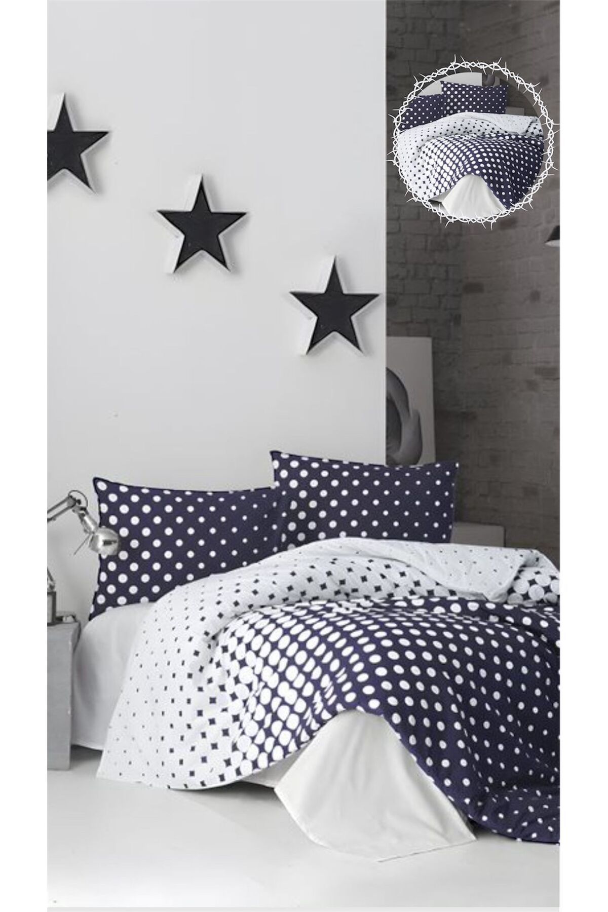 Bayev-Dark Blue Polka Dot Double Duvet Cover Set - Ranforce Fabric 1