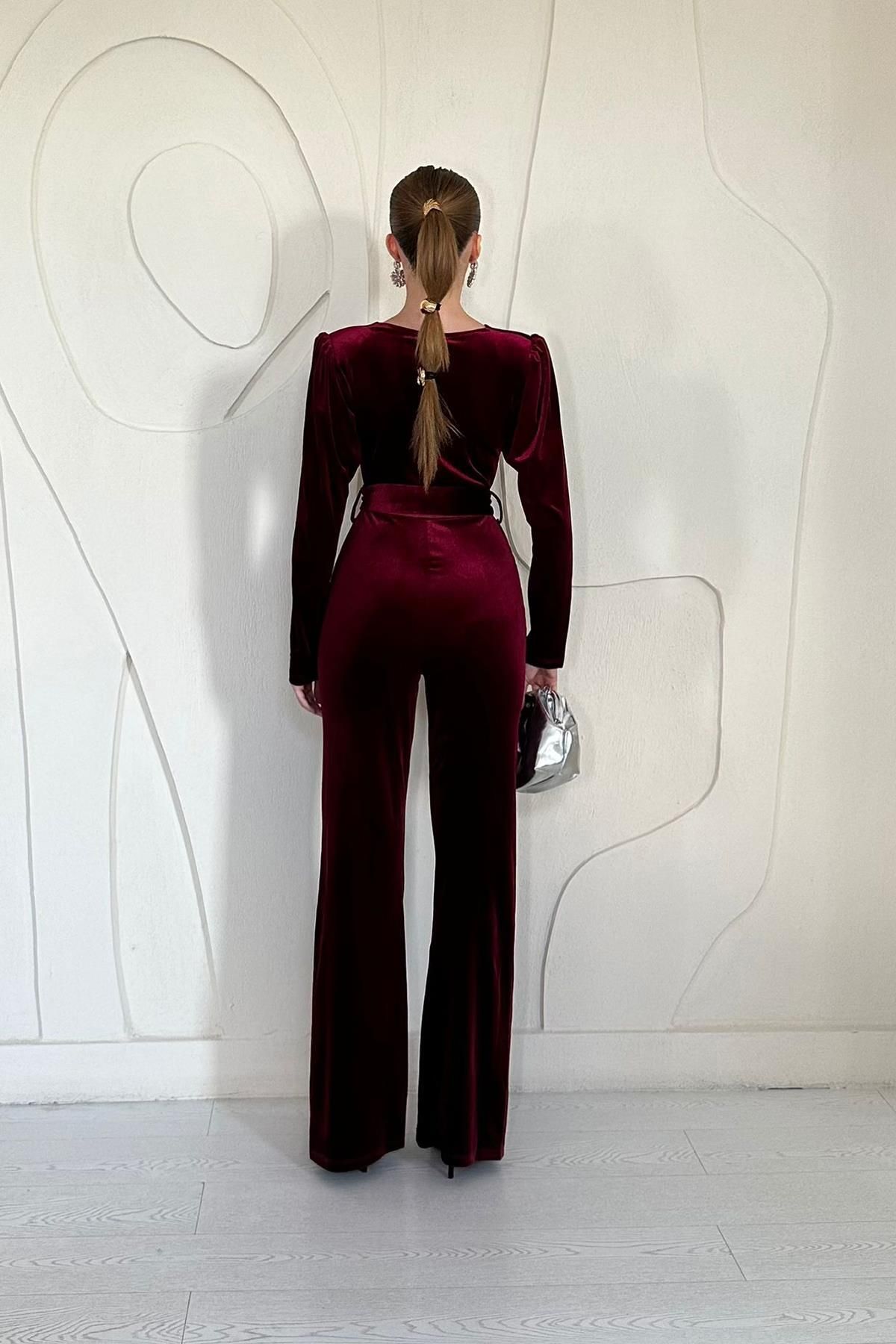 Elbee Fashion Woman-Red Velvet Jumpsuit - with Belt 4