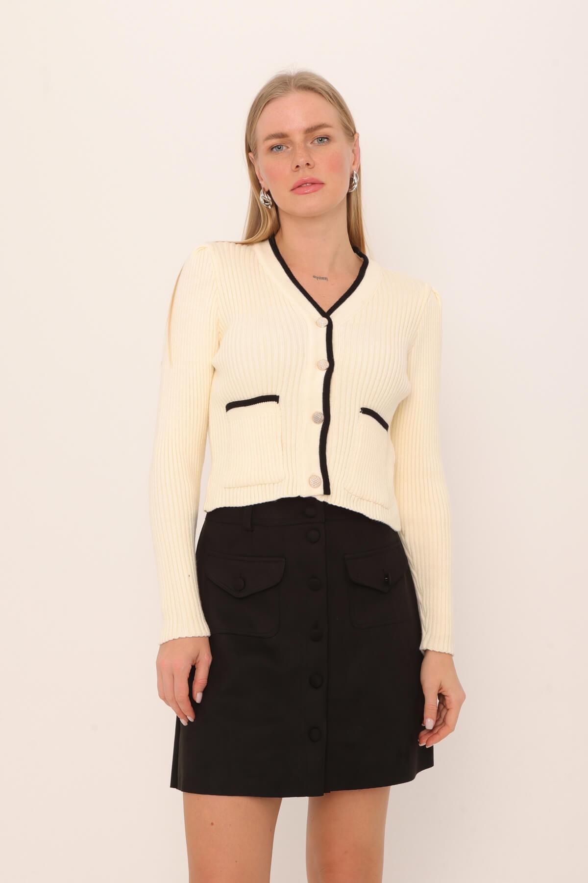 Coral-Black Corduroy Short Cardigan with Pockets and Bones 1