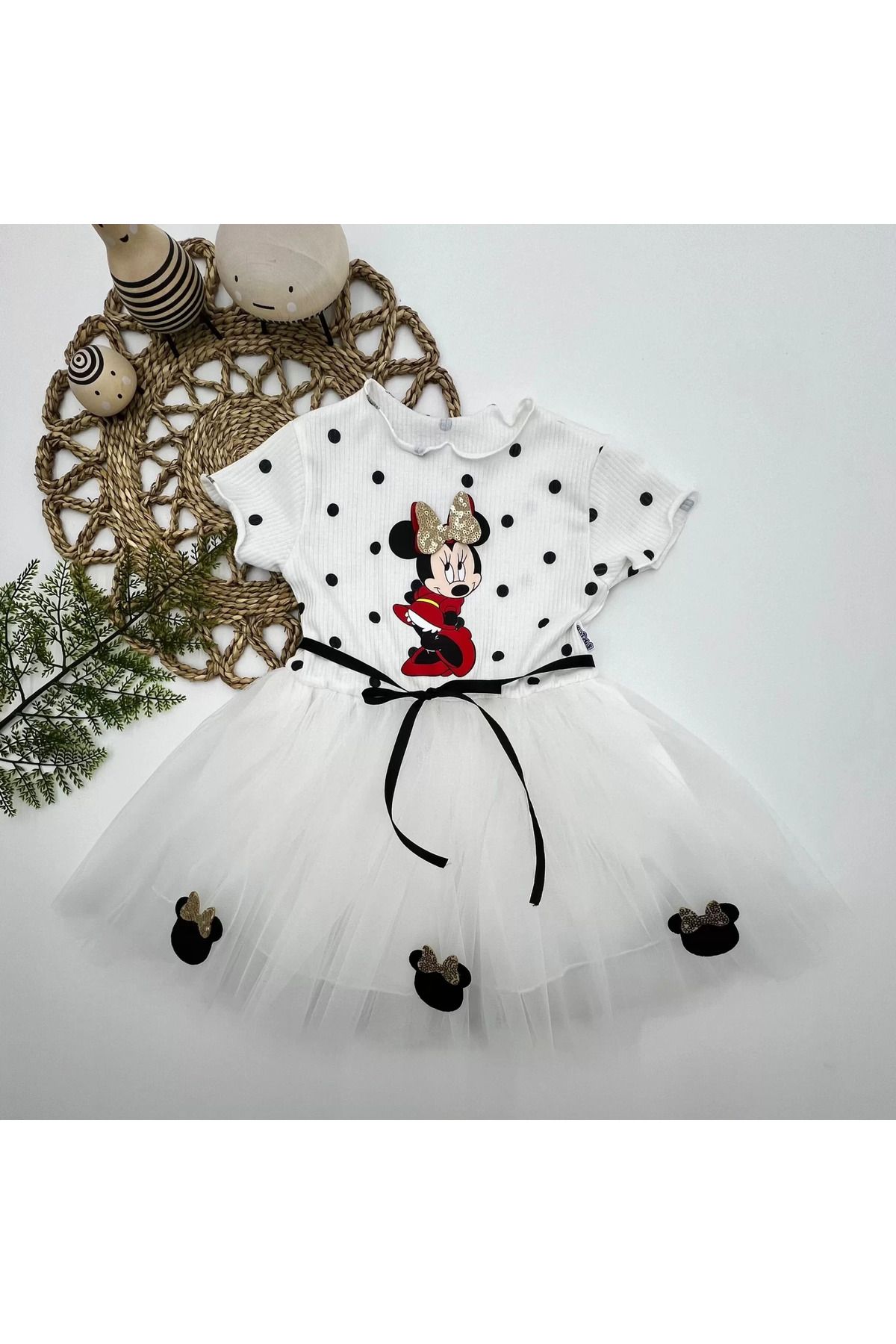 Mea Capio-Mickey Printed White Baby Girl Tutu Dress - Polka Dot, Ribbon and Belted 1