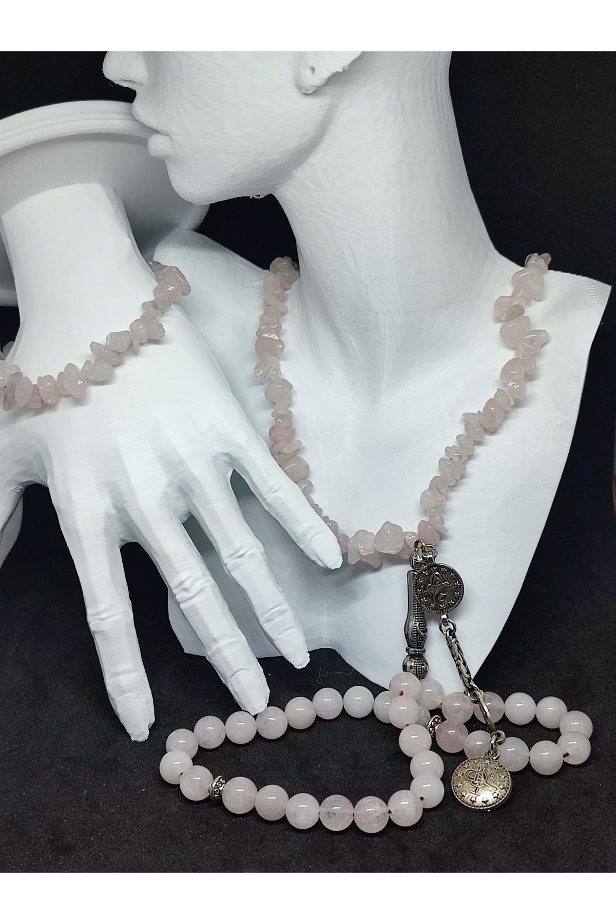 Lotus-Natural Real Pink Quartz Jewelry and Rosary Set 1