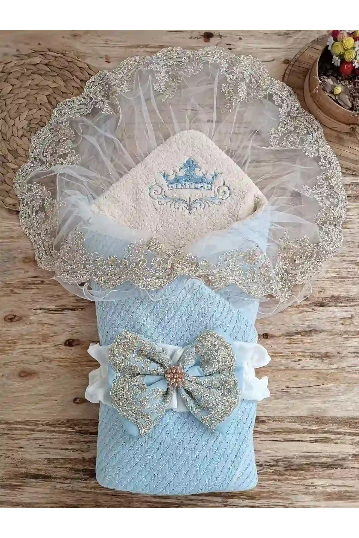 SİMULACRA-Newborn Lamb Crown Embroidery Guipure Bow Veiled Prism Stone Unisex Swaddle Baby Blanket Blue 1