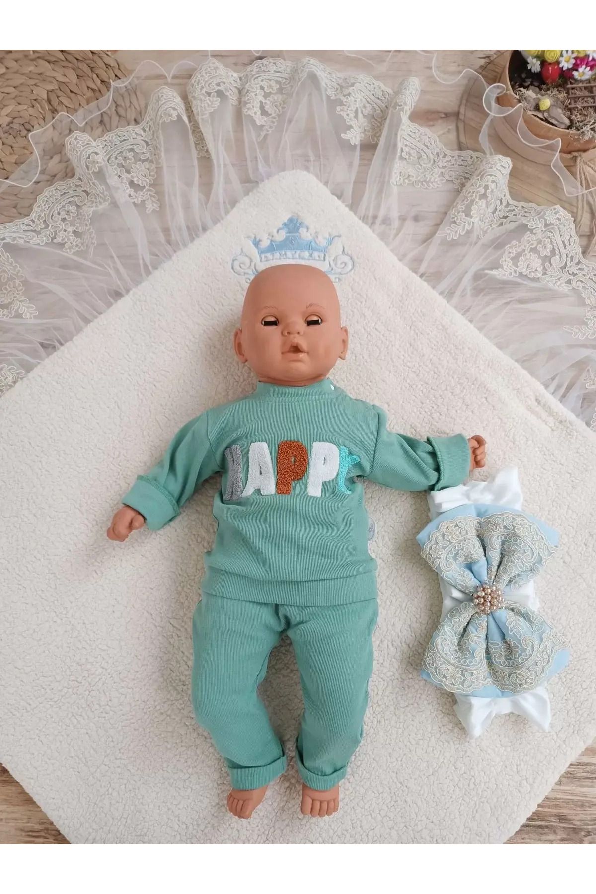 SİMULACRA-Newborn Lamb Crown Embroidery Guipure Bow Veiled Prism Stone Unisex Swaddle Baby Blanket Blue 3