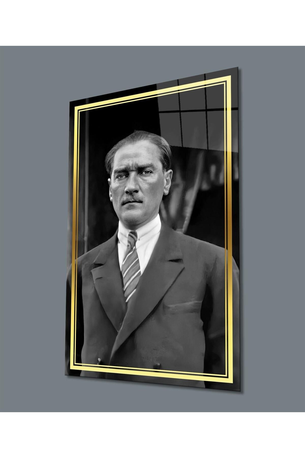 idealizbiz Atatürk Portre Siyah Beyaz Cam Tablo Hediyelik Büyük Tablo Ev Ofis Dekoru