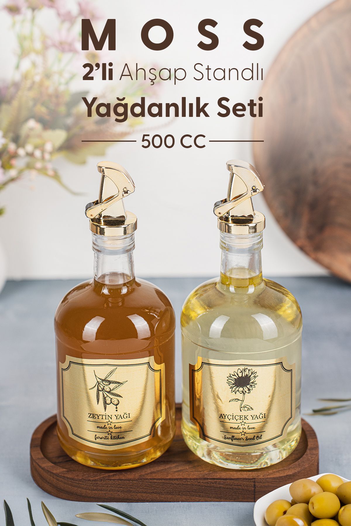 Fhilli Moss 2'li Ahşap Stantlı Damlatmaz Zeytinyağı Sıvıyağ Şişesi Cam Yağdanlık Seti 500 ml