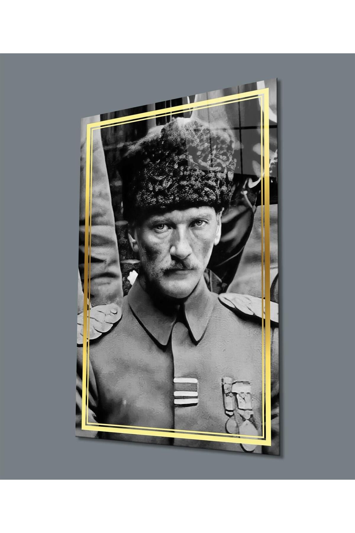 idealizbiz Atatürk Portre Dikey Siyah Beyaz Cam Tablo Hediyelik Büyük Tablo Ev Ofis Dekoru