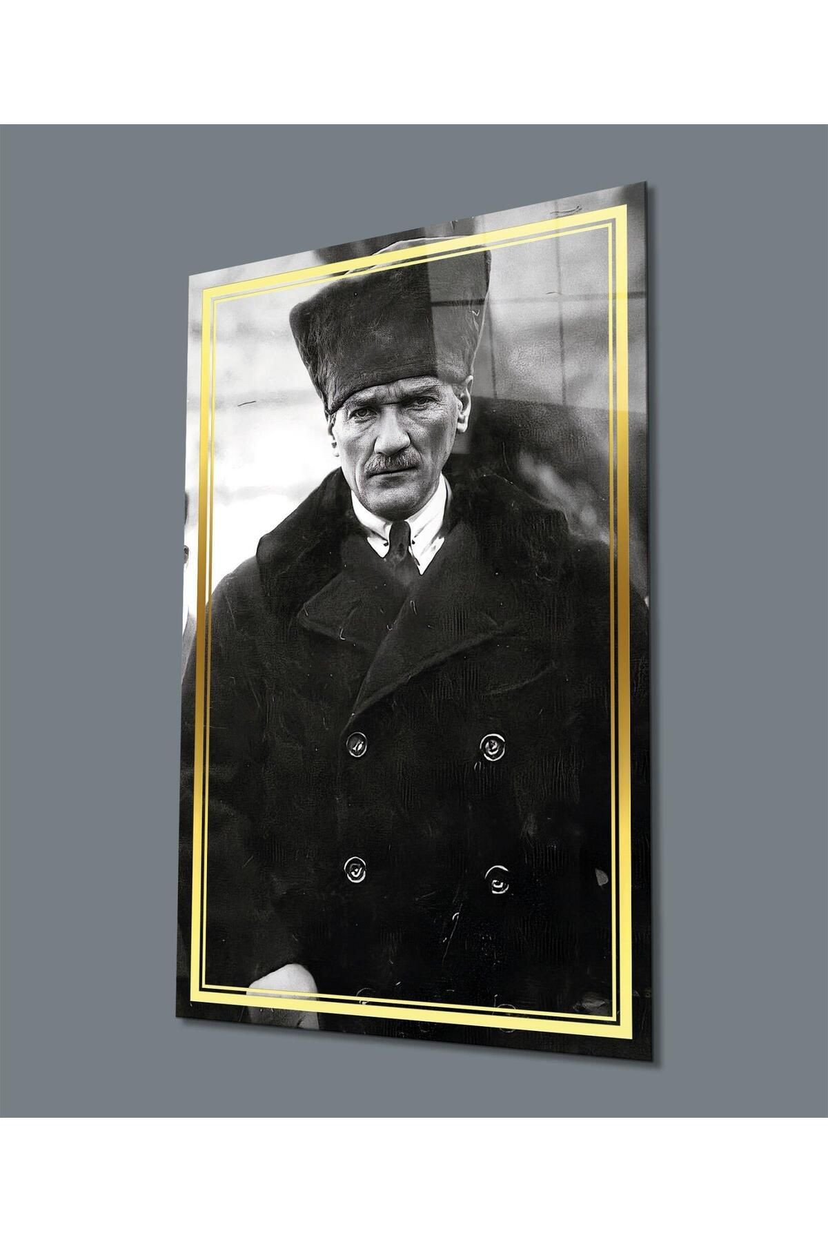 idealizbiz Atatürk Siyah Beyaz Cam Tablo Hediyelik Büyük Tablo Ev Ofis Dekoru
