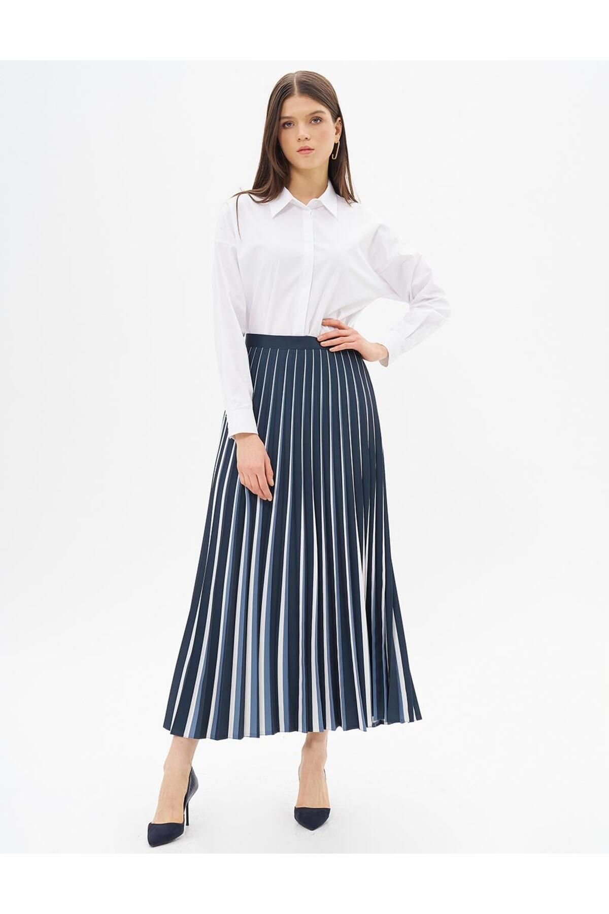 Kayra-Stripe Print Detailed Pleated Skirt Navy Blue-Grey 3