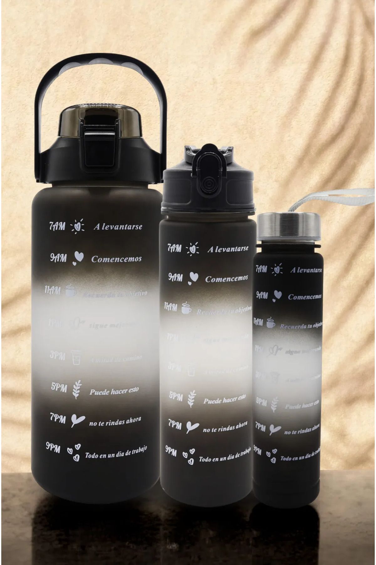 M&B WATER BOTTLE 3lü Motivasyonel Set, Bpa Içermez Motivasyonel Su Matarası Siyah Su Matarası,su Şişesi,suluk