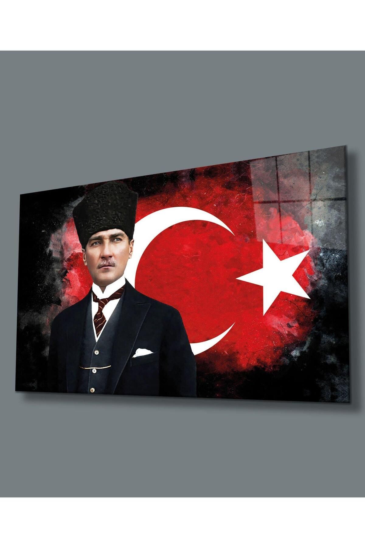 idealizbiz Atatürk ve Türk Bayrağı Cam Tablo 4mm Dayanıklı Temperli Hediyelik Büyük Tablo