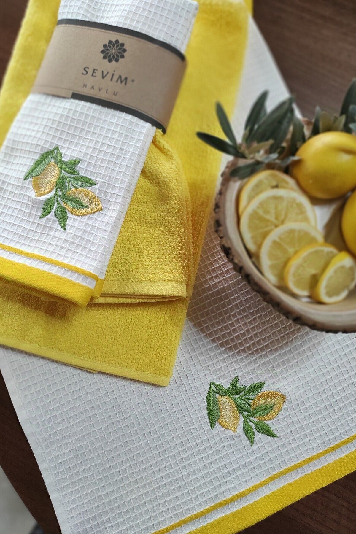 Sevim-Set of 2 Kitchen Towels with Yellow Color and Lemon Figures - Soft and Embroidered Cloth 6