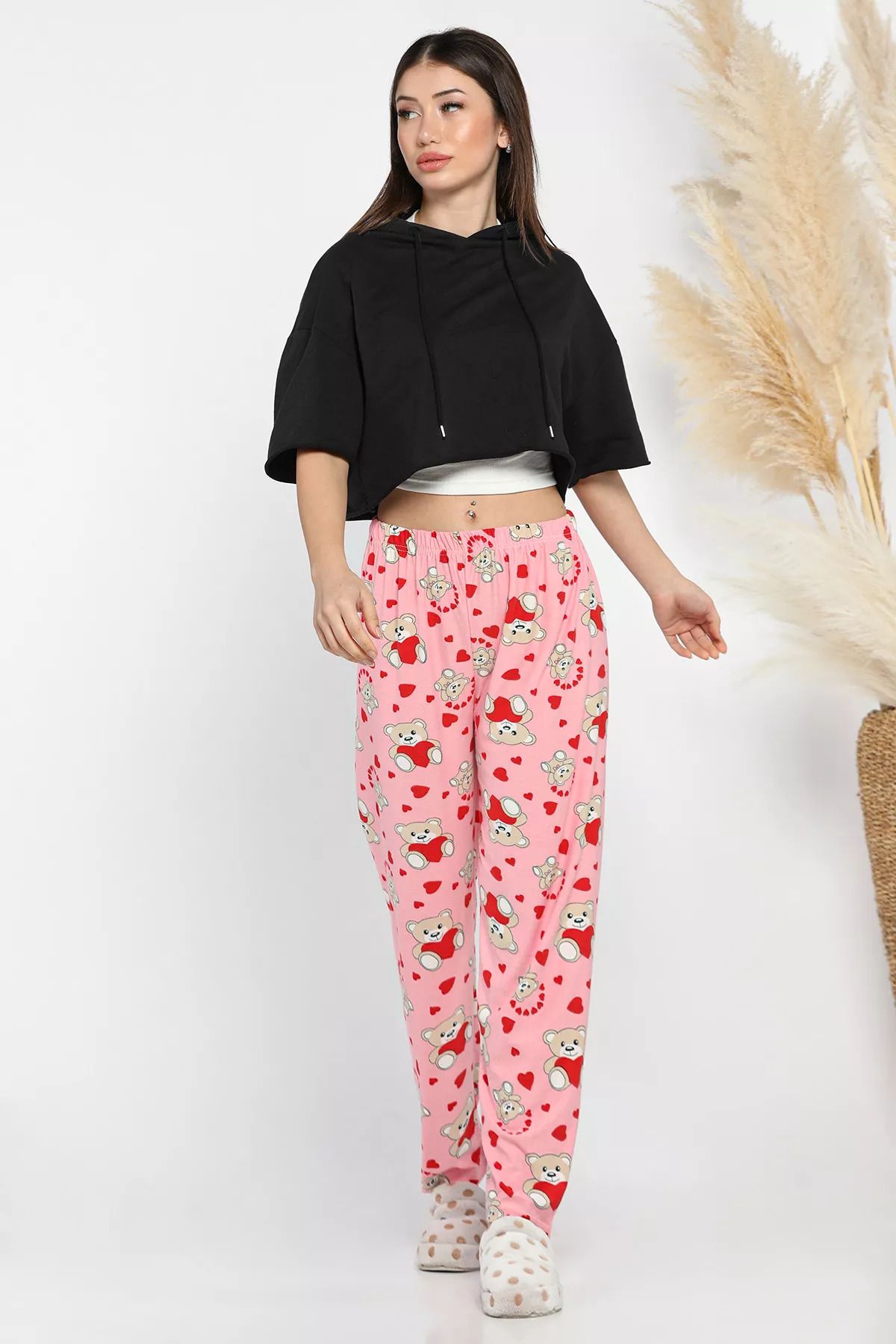 GÜLSELİ-Pink Women's Patterned Suede Pajama Bottoms 2