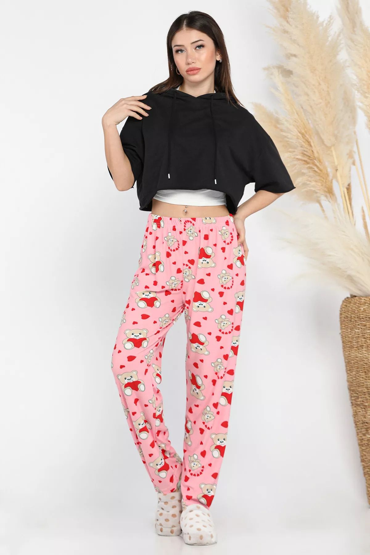 GÜLSELİ-Pink Women's Patterned Suede Pajama Bottoms 1