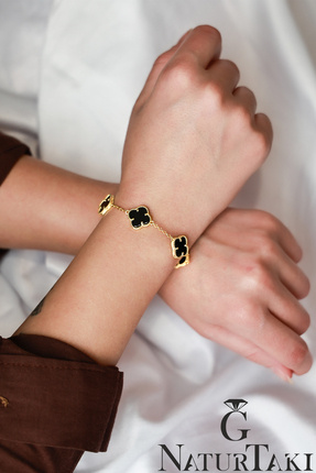 Naturtakı Siyah Oniks Yonca Taşlı Altın Kaplama Gümüş 5 Yonca Erkek Kadın Bil...