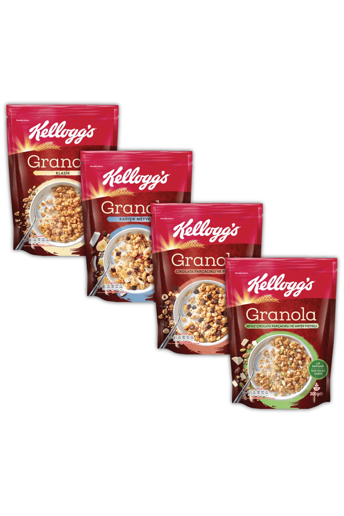 Kellogg's 4lü Granola Paketi,çikolata Parçacıklı Ve Fındıklı, A.fıstıklı Ve Beyaz Çikolata,meyveli, Klasik